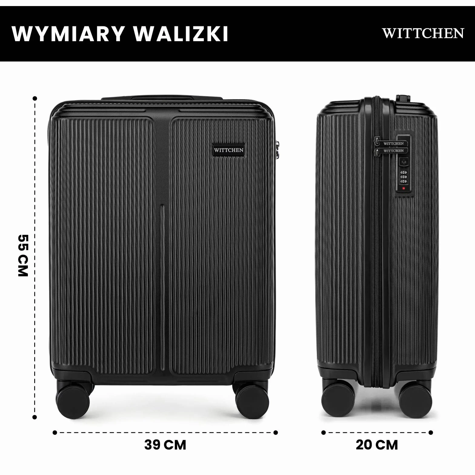 WITTCHEN Stripes Line Walizka kabinowa Bagaż podręczny Mała walizka ABS 4 podwójne kółka Teleskopowy uchwyt Zamek szyfrowy Czarny