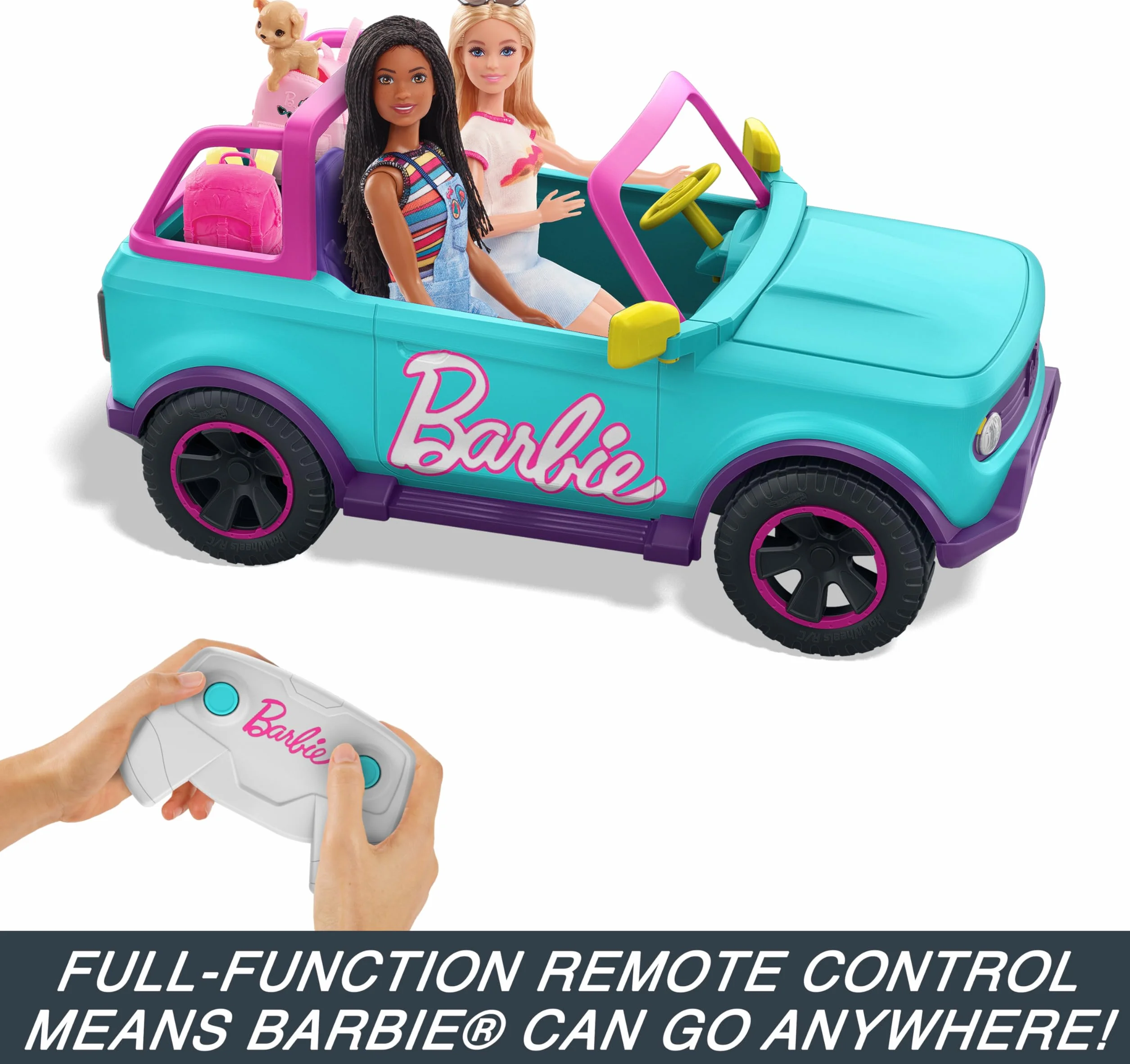 Hot Wheels RC Barbie SUV Pojazd zdalnie sterowany w skali 1:12 z miejscem na 2 lalki Barbie i naklejkami do personalizacji, HTP53