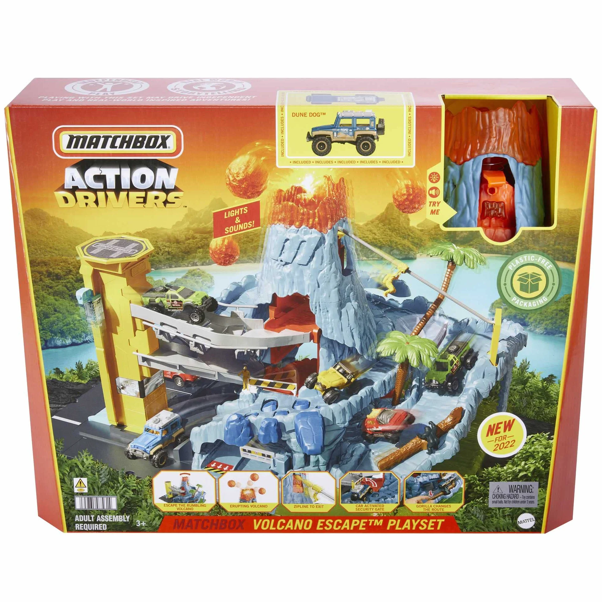 Matchbox Action Drivers Prawdziwe Przygody Wulkan Zestaw do zabawy z 1 pojazdem Matchbox, funkcjami aktywowanymi pojazdem, światełkami i dźwiękami, zabawka dla dzieci, HHW21