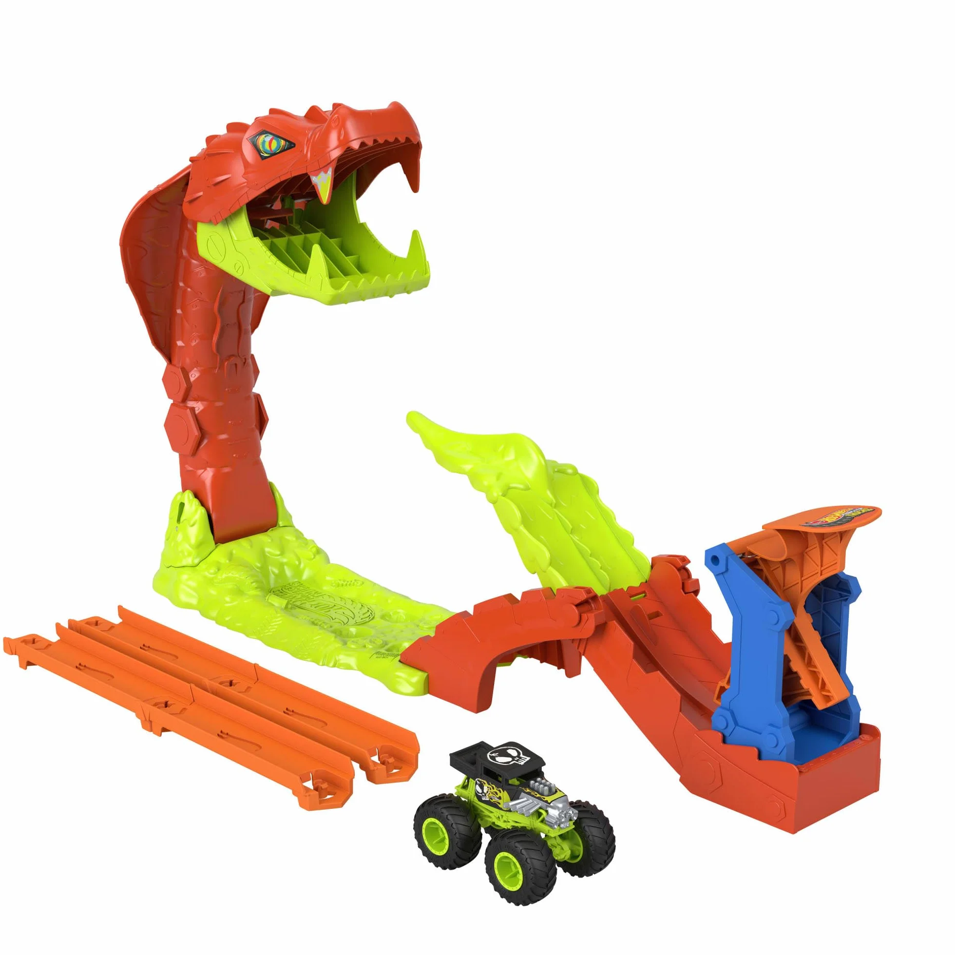 Hot Wheels Monster Trucks Mega skok – Nokaut węża Zestaw, pojazd zabawka auto Bone Shaker w skali 1:64, tor wyścigowy, zabawka dla dzieci 4+, JJN44