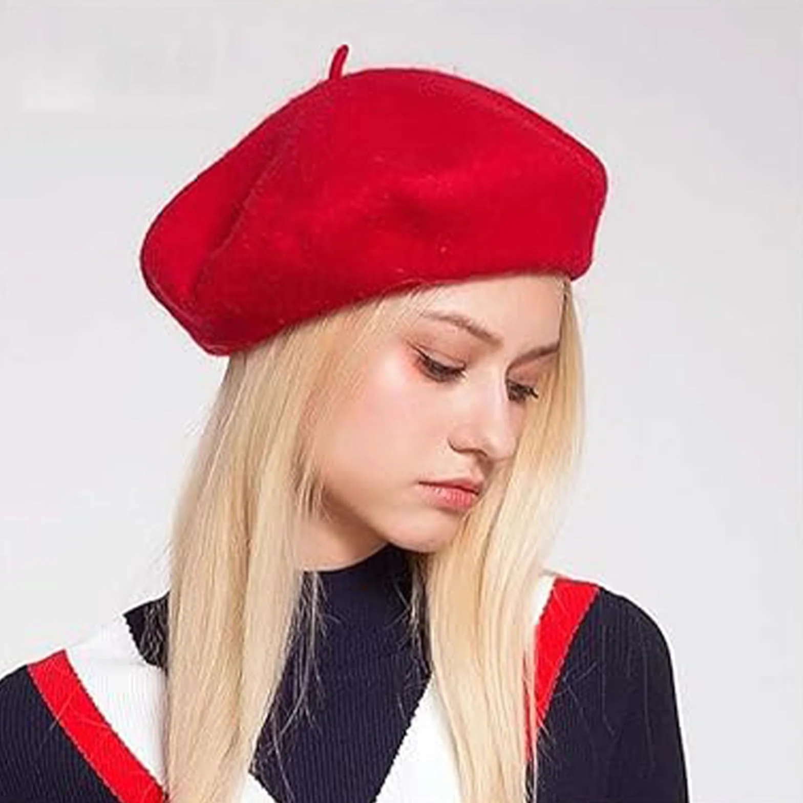 3 Pièces Beret damski czerwony garnitur, francuski beret, modny, klasyczny, artystyczny, jedwabny szal na szyję, czerwona czapka, kostium artysty, 70 x 70 cm + rękawiczki, pantomima, kostium