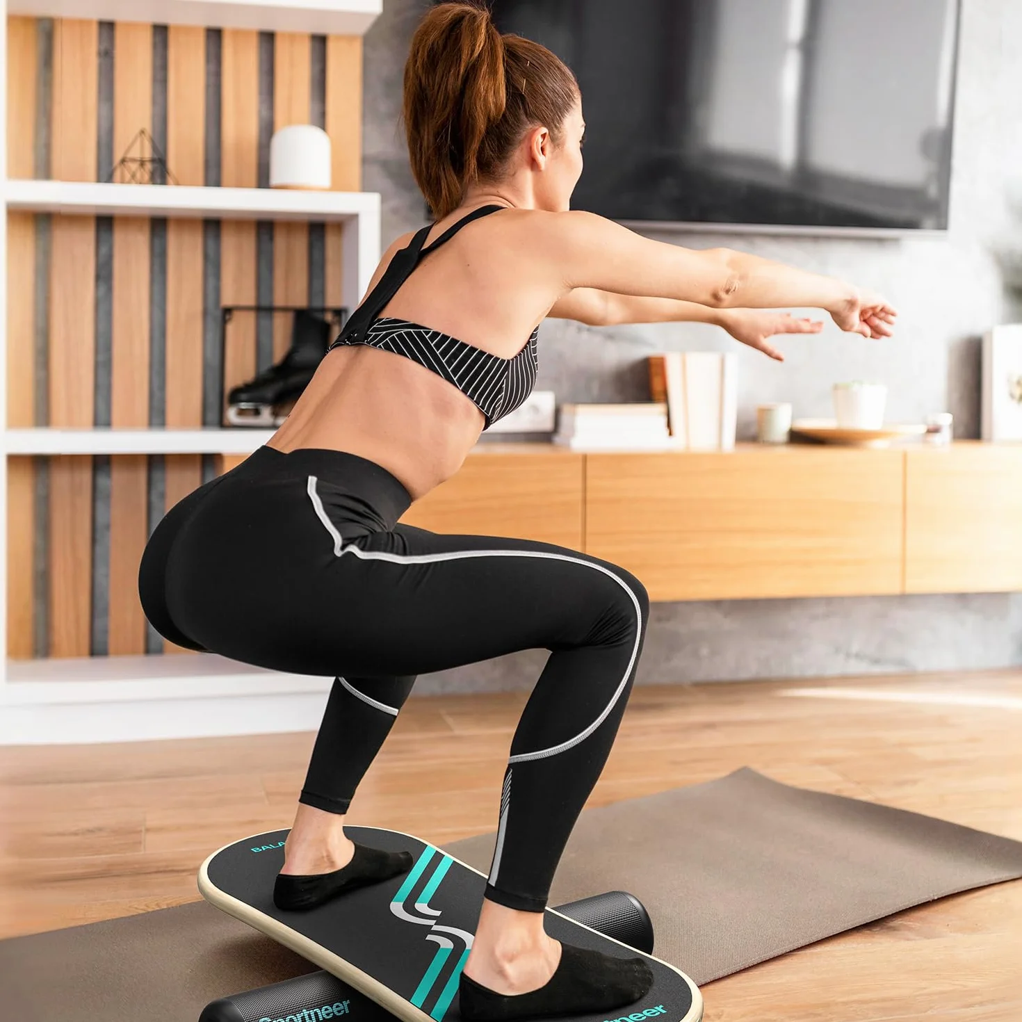 Sportneer Deska balansowa, 7 trybów deska do balansowania indoor skateboard surf balance board z regulowanymi stoperami - wałek i piłka 7,1 cm w zestawie, niebieski i czarny