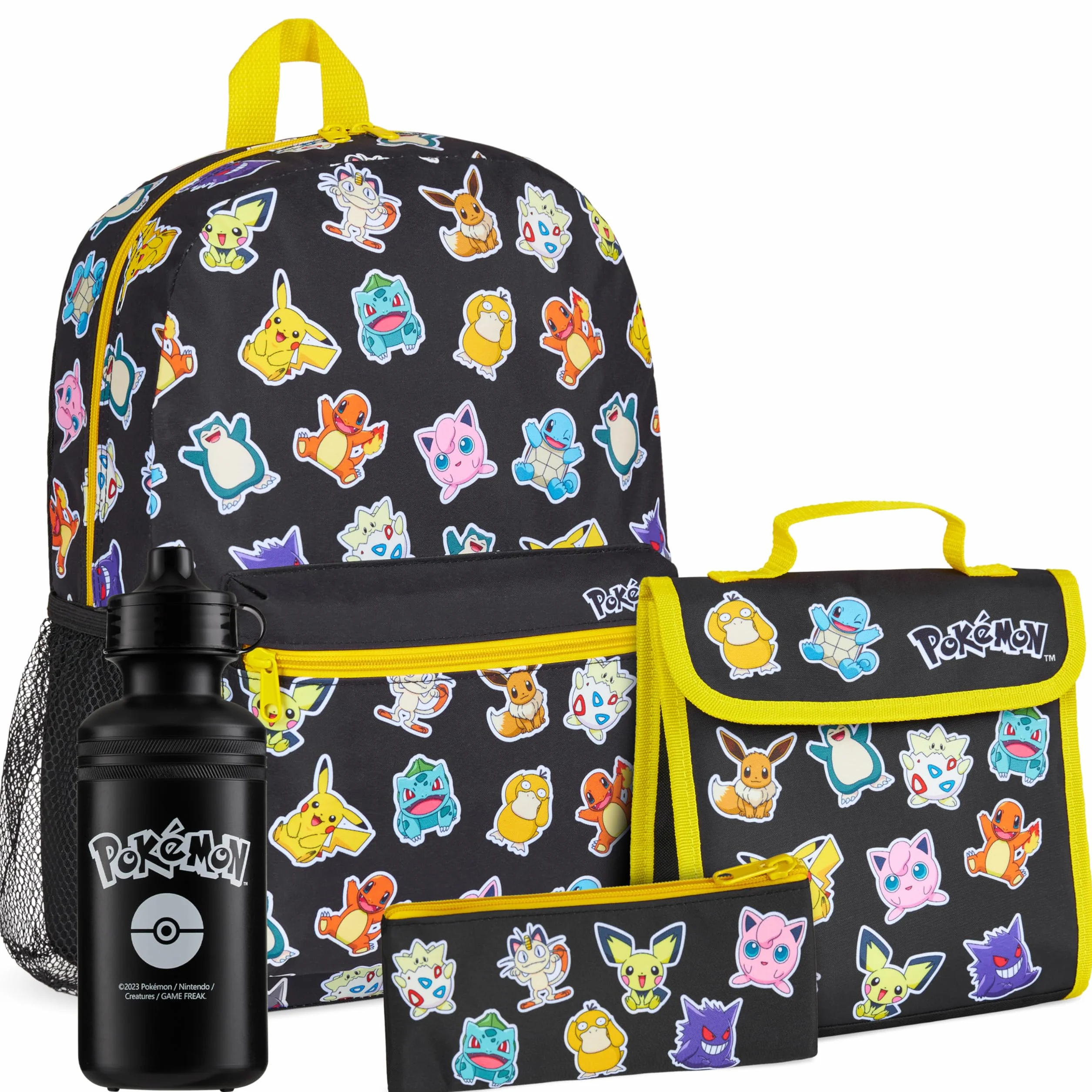 Pokémon Plecaki Zestaw dla dzieci, 4-częściowy tornister, kosz na drugie śniadanie, piórnik, butelka na wodę (czarny/wielokolorowy)