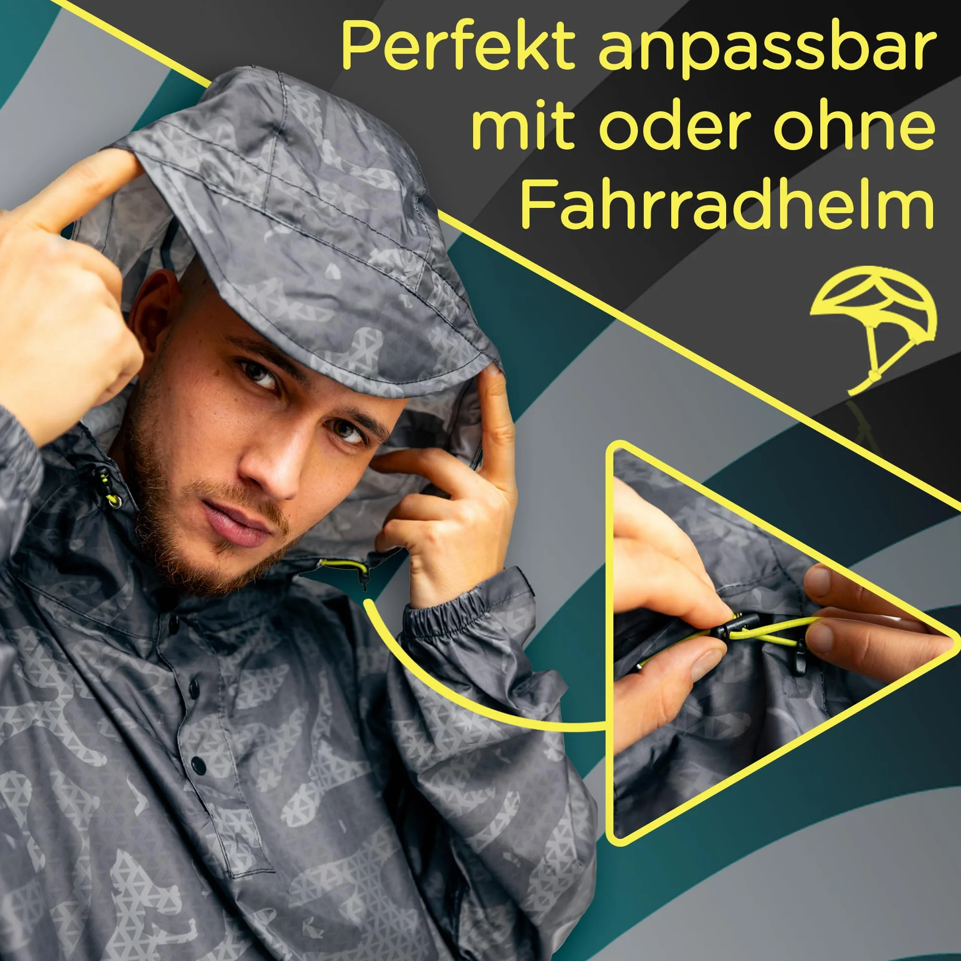 Jubi® Ponczo przeciwdeszczowe męskie ze 100% poliestru z recyklingu – szare, trwałe, lekkie i wodoodporne, szary, Rozmiar uniwersalny
