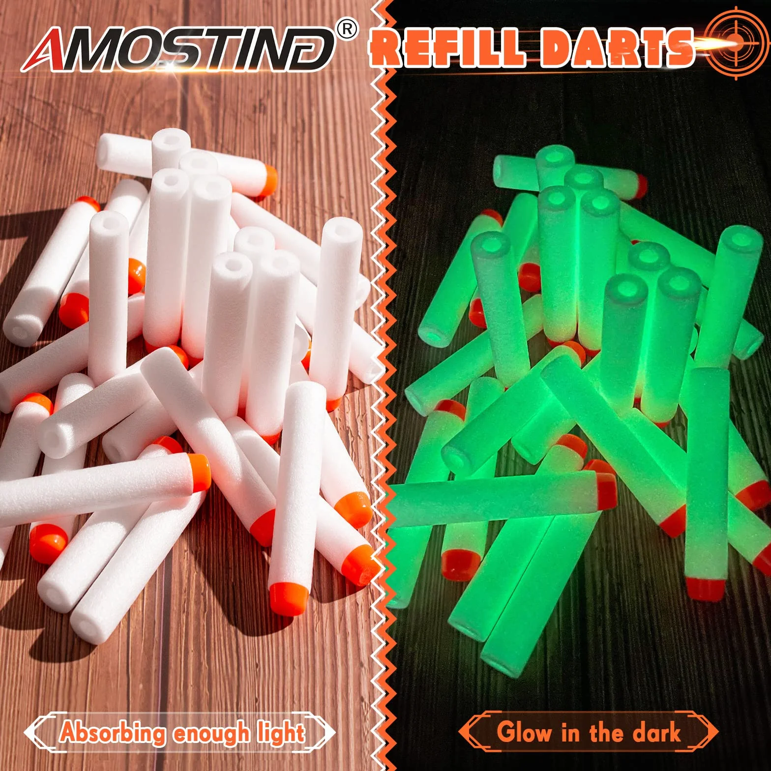 AMOSTING 100 fluorescencyjne rzutki do nerf, 7.2 cm białe naboje piankowe amunicja piankowa do N-Modulus Fortnite Elite Strike Blasters Series z torbą na zabawki