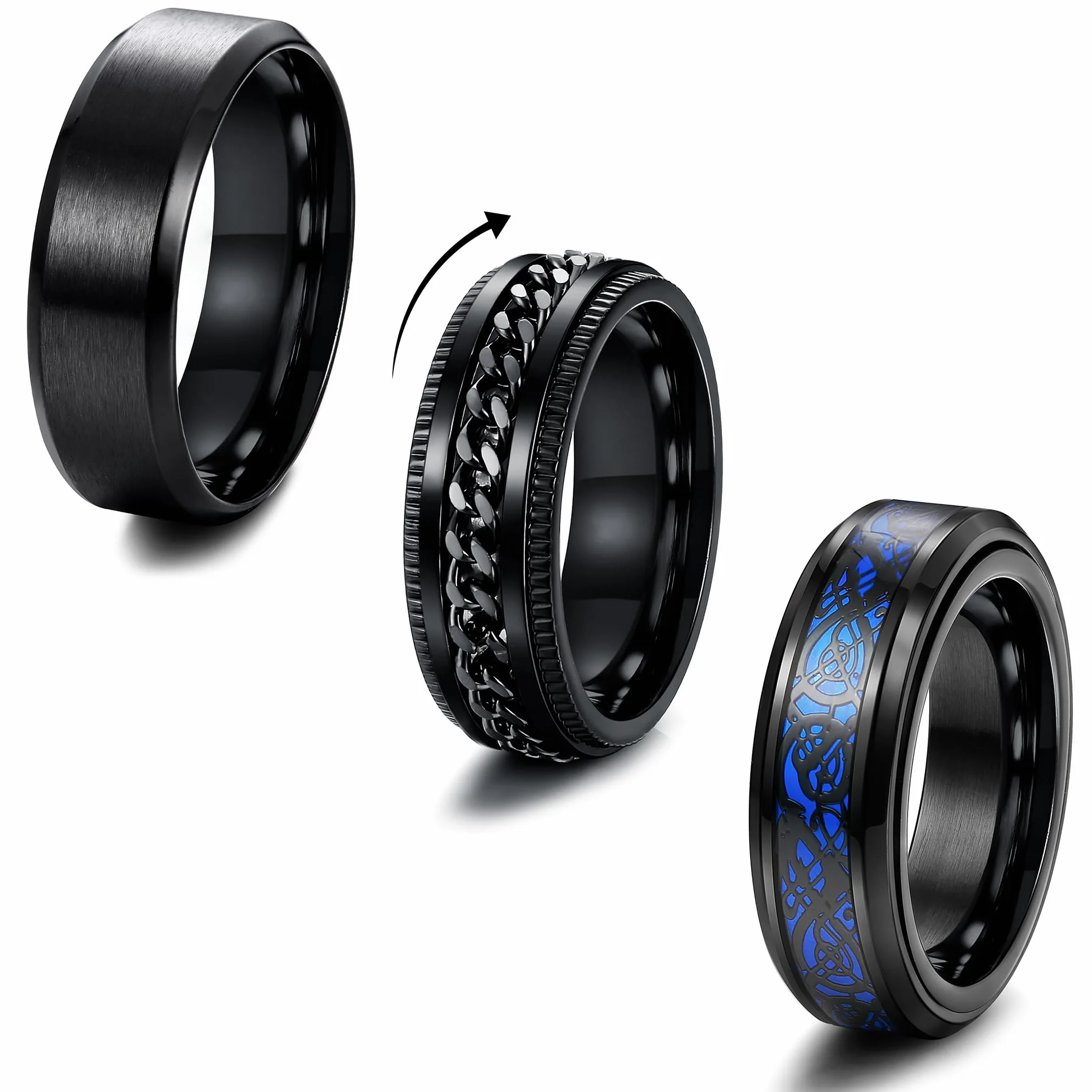 MILACOLATO 3 pierścienie Fidget dla mężczyzn ze stali nierdzewnej, obrotowy, czarny, skręcony łańcuszek, celtycki, smok, pierścień, otwieracz do butelek, pierścienie, szeroki pierścień, 8 mm