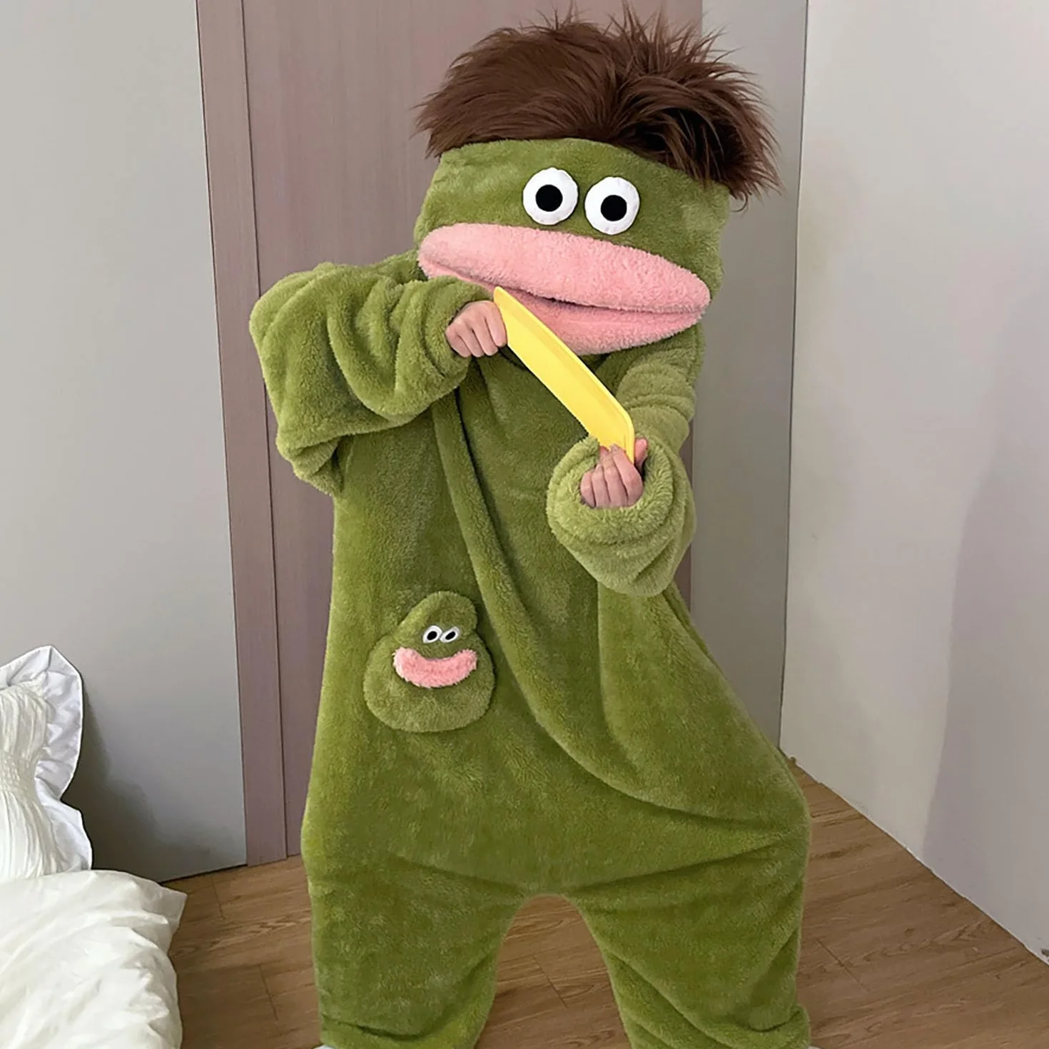 Silly Onesie Green Plush Monster Onesie piżama, przytulne body z miękkiej tkaniny, długie rękawy, uroczy wzór kreskówkowy