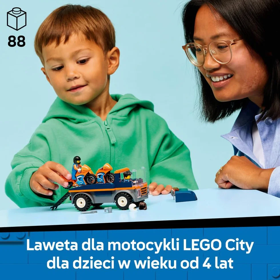 LEGO City Laweta dla motocykli, zabawka dla dzieci z dwiema minifigurkami i ciężarówką, klocki dla 4-latka, pomysł na prezent dla chłopca i dziewczynki na urodziny, łatwe budowanie 60491