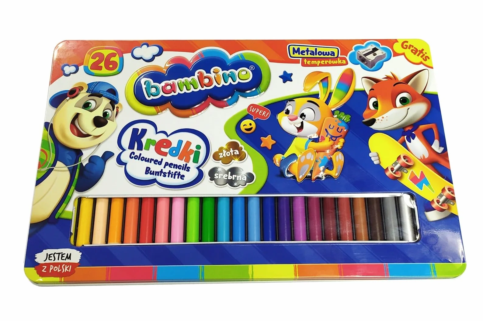 Kredki Bambino drewniane 26 kolorów + temperówka w opakowaniu metalowym
