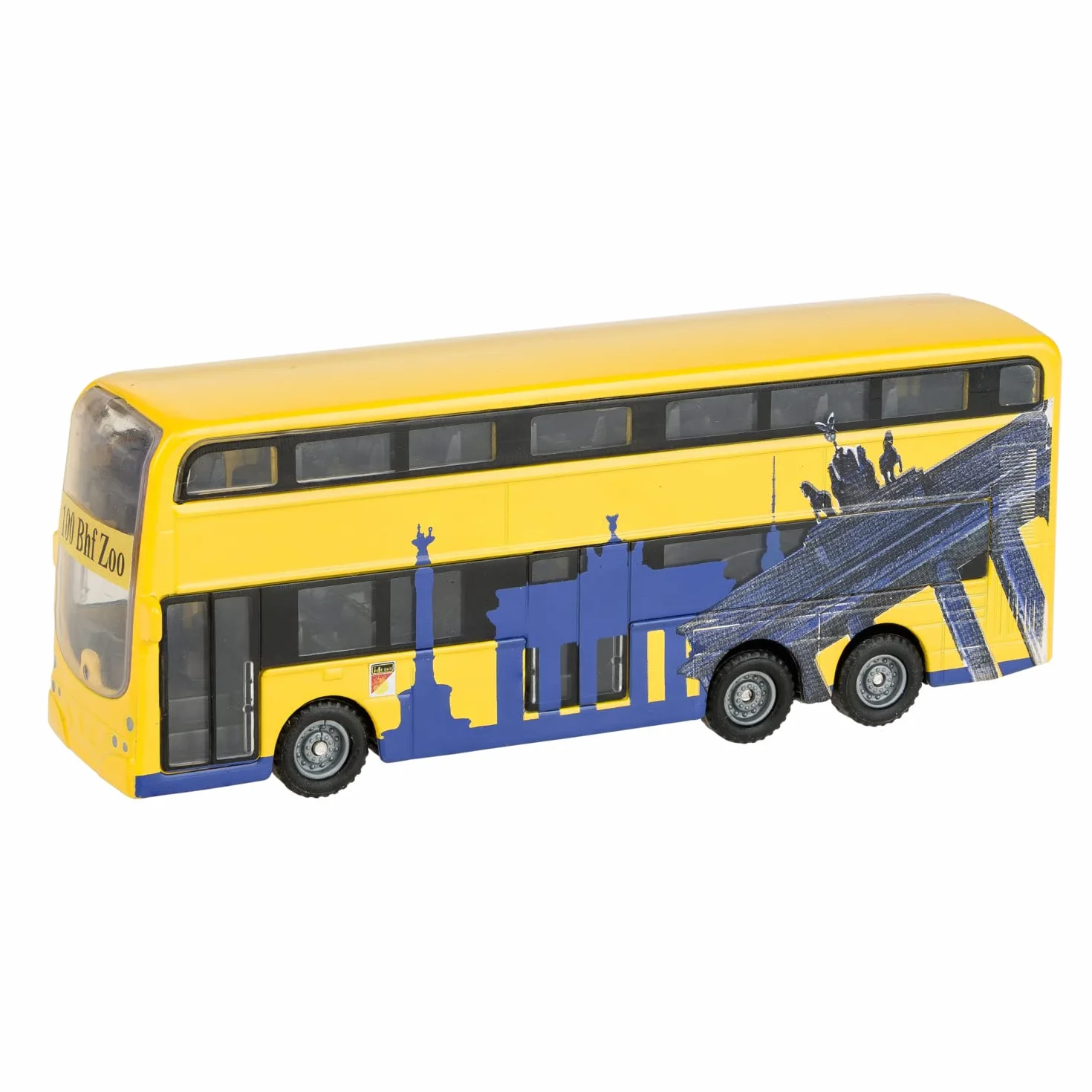 Idena 40107 - model autobusu berlińskiego dwupokładowego, z silnikiem cofania, ok. 18,5 x 13,5 x 4,5 cm, żółty, jako zabawka, typowy pamiątka lub popularny przedmiot kolekcjonerski