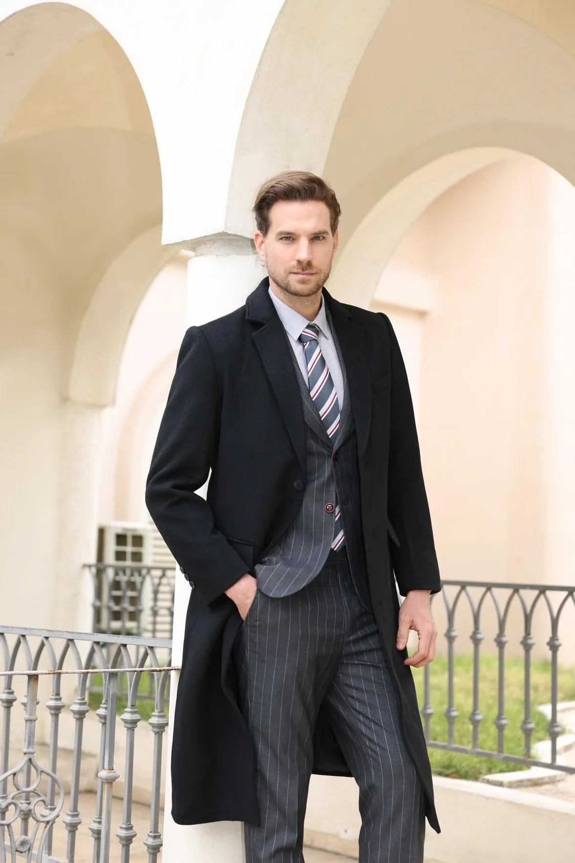 Allthemen Płaszcz męski, długi płaszcz zimowy, płaszcz wełniany, płaszcz męski, krój slim fit, wykładany płaszcz, biznesowy