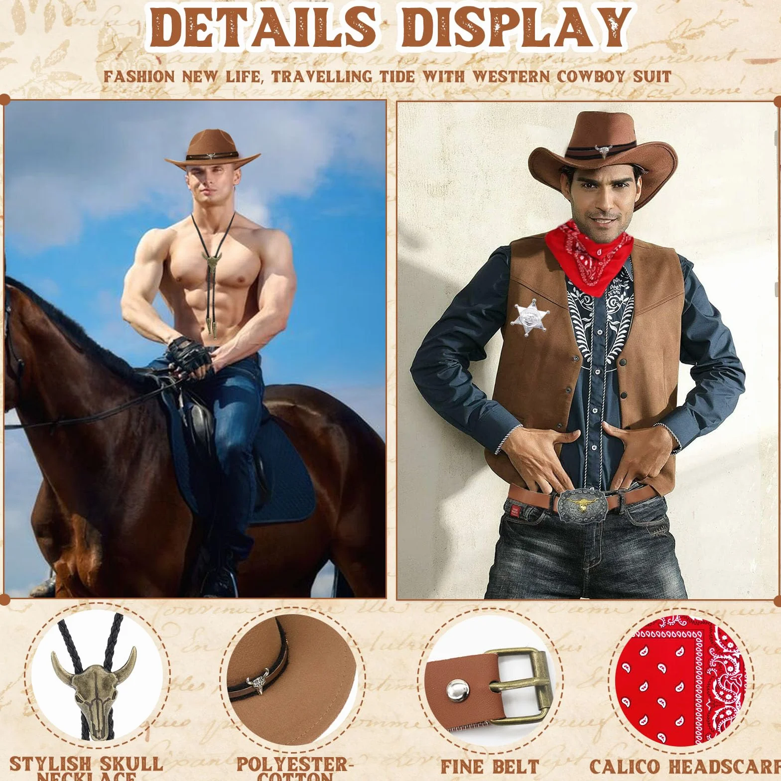 8-częściowy zestaw akcesoriów do kostiumu kowbojskiego, luksusowy zestaw do strojów western z brązowym kapeluszem, paisley bandana, pokrowcem na pistolet, paskiem, sprzączką do bolo