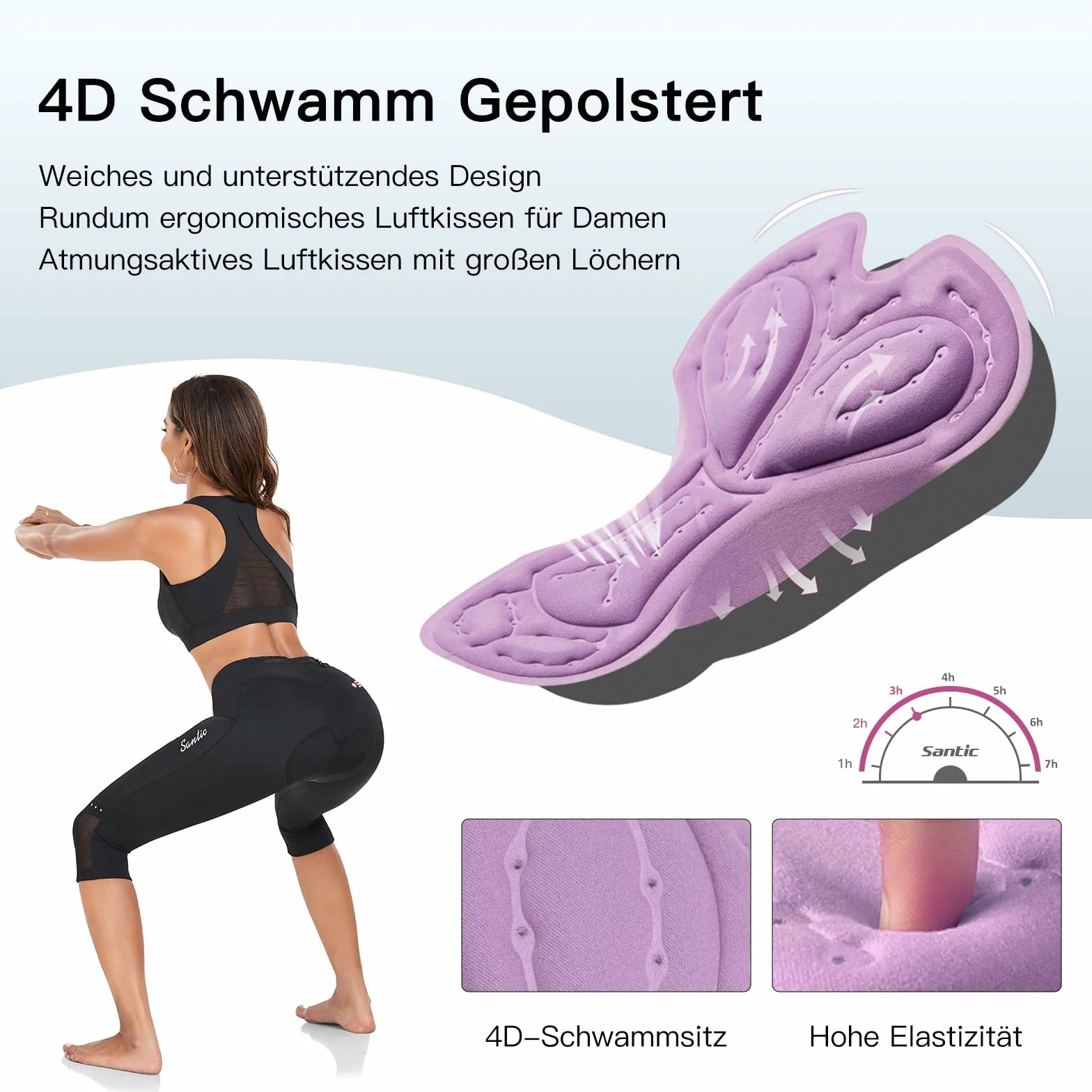 Santic Damskie spodnie rowerowe 3/4, wyściełane spodenki do jazdy na rowerze, legginsy do jazdy na rowerze, elastyczne, szybkoschnące, oddychające, czarne