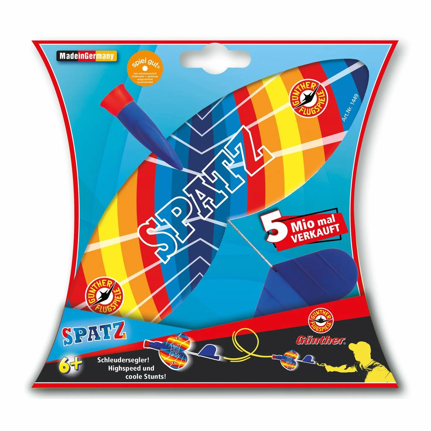 Paul Günther 1449 - Spin glider Spatz, samolot ze skrzydłami pokrytymi folią, dla dzieci w wieku 6 lat i starszych, z elastyczną płetwą ogonową i bezpiecznym nosem, ok. 24 x 20 cm