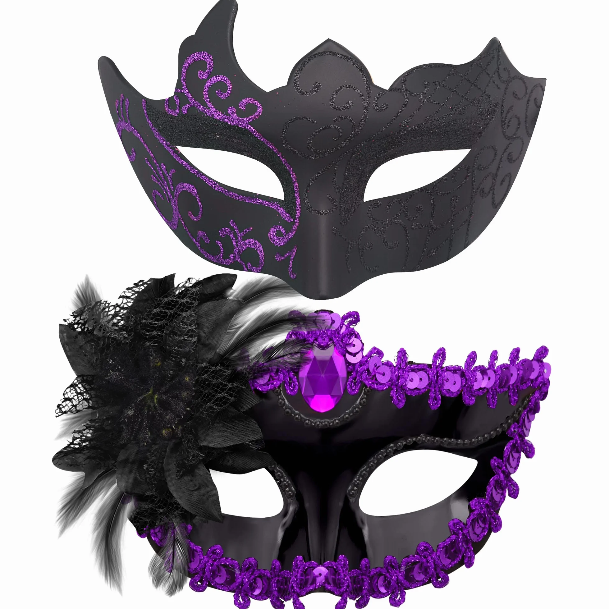 SIQUK 2 sztuki maska wenecka dla par maskaradowych maska na studniówkę maskaradę wenecką dla kobiet mężczyzn na Halloween maskaradę, czarna i fioletowa