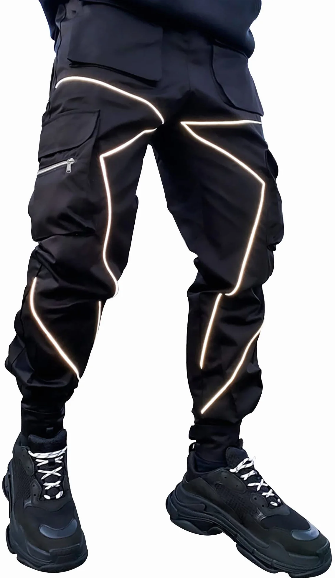 AIEOE Męskie spodnie cargo Hip Hop Techwear Cargo spodnie z odblaskowymi paskami, Streetwear Punk Pants Joggger spodnie do biegania z kieszeniami, gumowy ściągacz