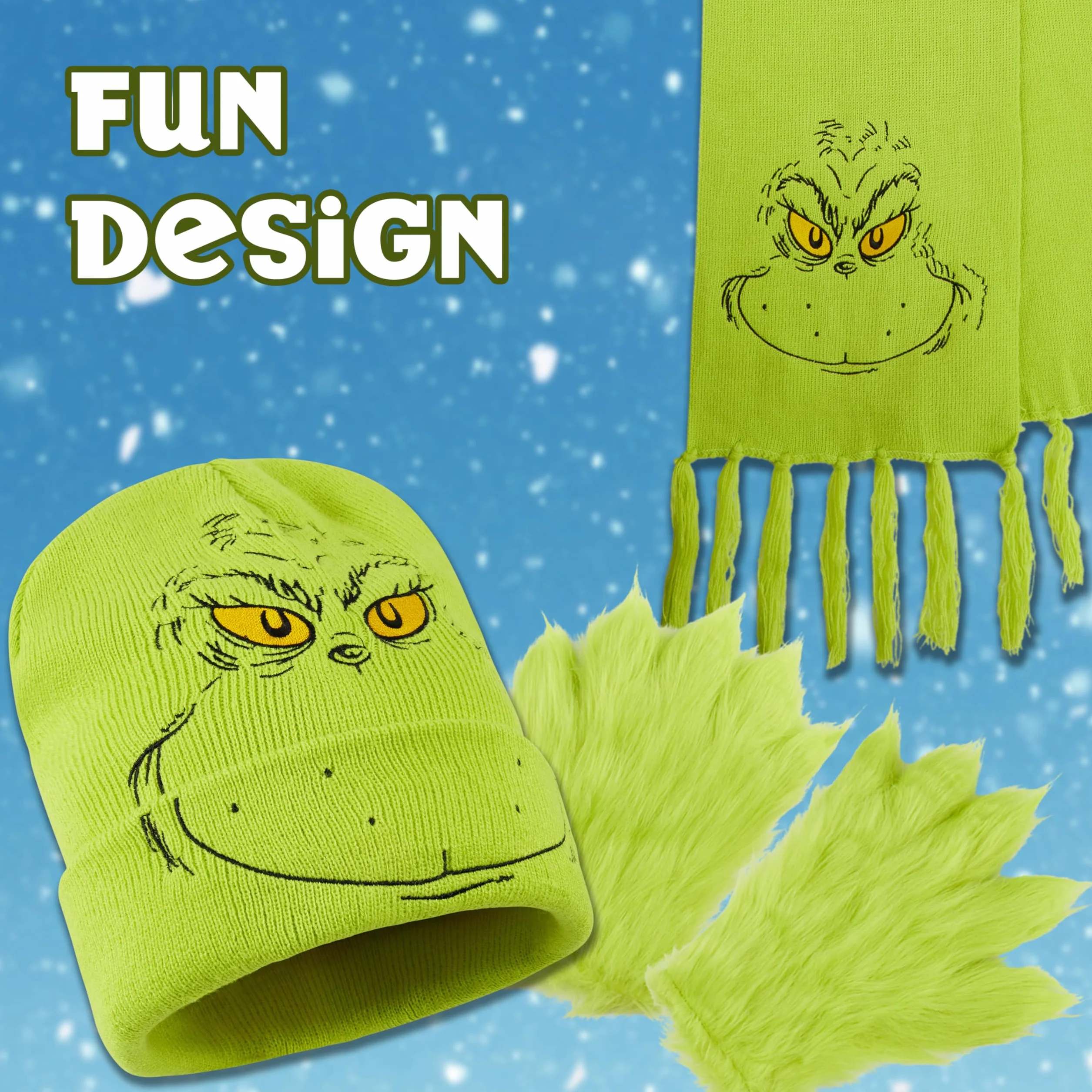 Zestaw zimowych akcesoriów The Grinch dla kobiet, mężczyzn i nastolatków - czapka, szalik i rękawiczki