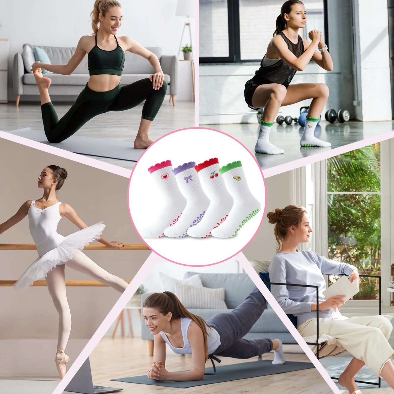4 pary damskich skarpet antypoślizgowych, bawełniane skarpety do pilatesu, oddychające, skarpety do jogi i pilatesu, prezent dla kobiet, do tańca, trampoliny