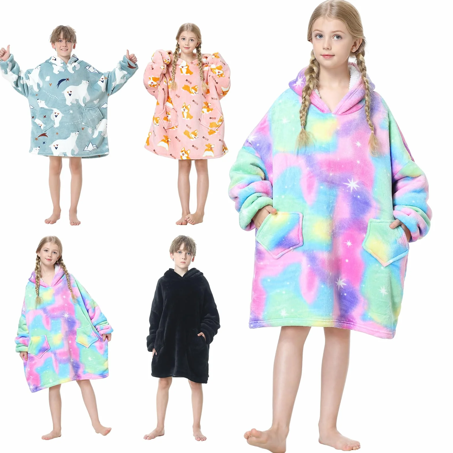 MOKANI Bluza z kapturem, dla dzieci, z rękawami, przenośna bluza z kapturem, super miękka, ciepła, wygodna bluza z kieszenią dla chłopców i dziewczynek