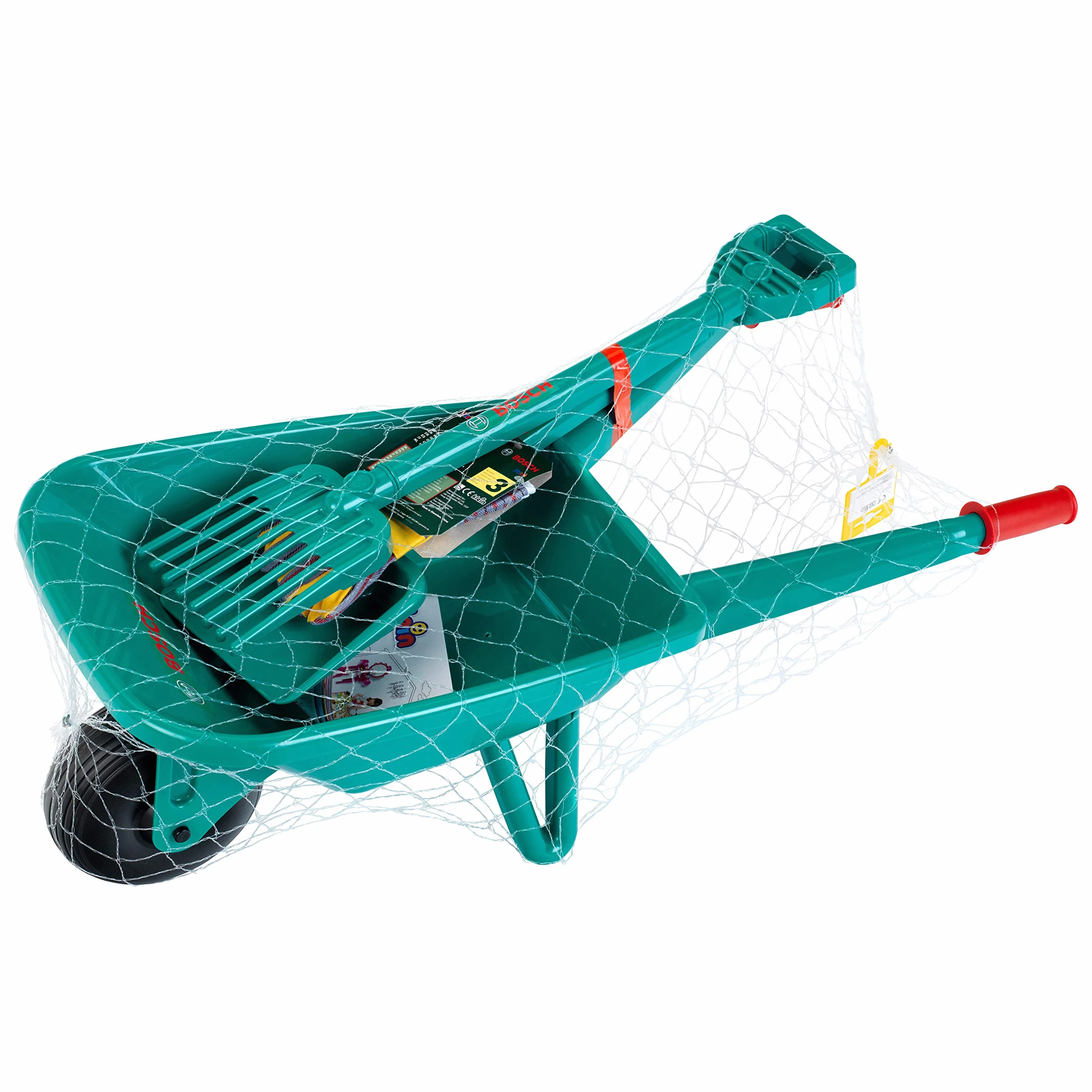 Theo Klein 2660 Bosch zestaw ogrodowy z taczką, z łopatą, grabami i rękawicami roboczymi | wymiary: 70,5 cm x 34 cm x 33 cm | zabawka dla dzieci od 3 lat