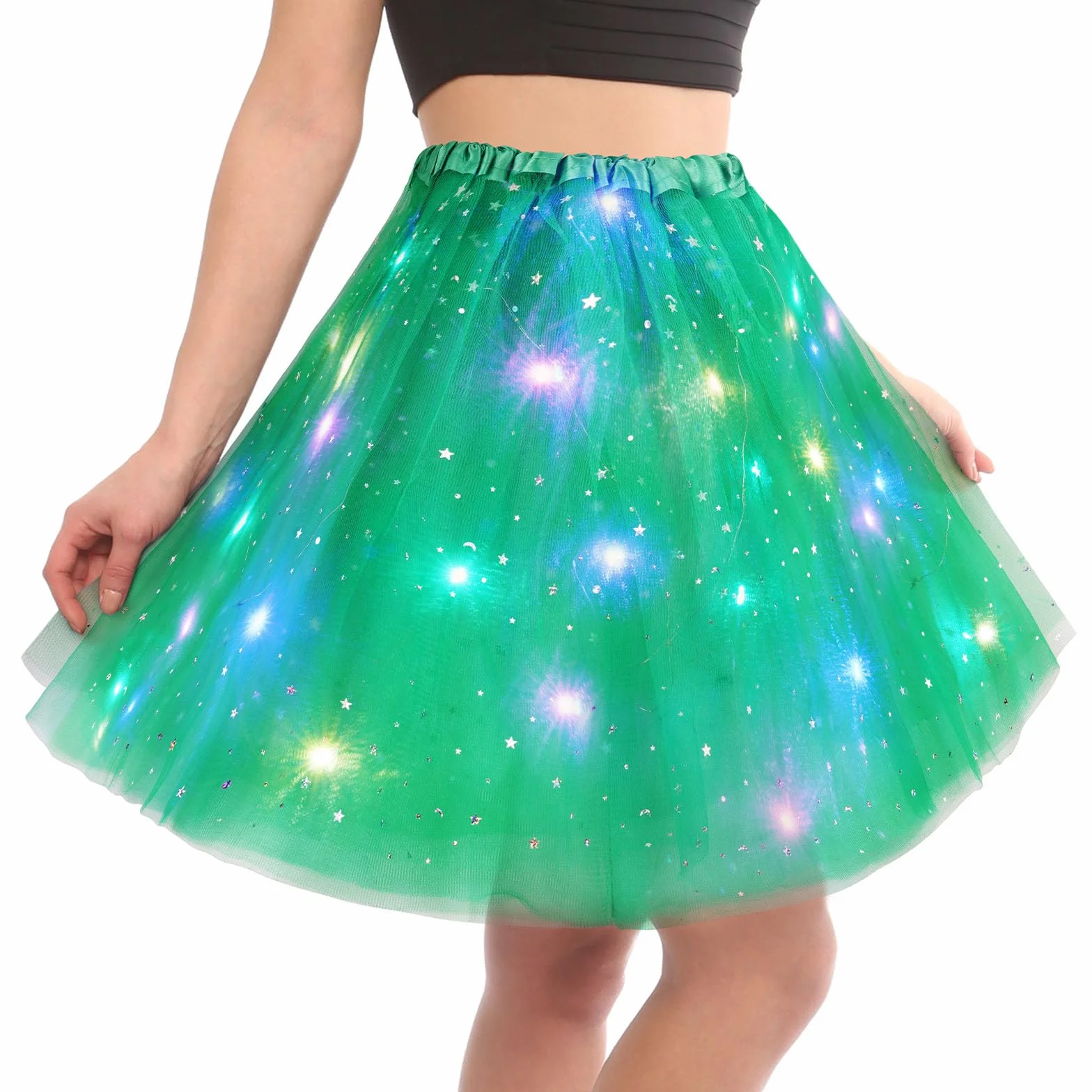 Spódnica tutu, LED, dla dorosłych, nastolatek, na bal przebierańców, karnawał, imprezę tematyczną, balet, kostium na Halloween, 40 cm, zielona, 40
