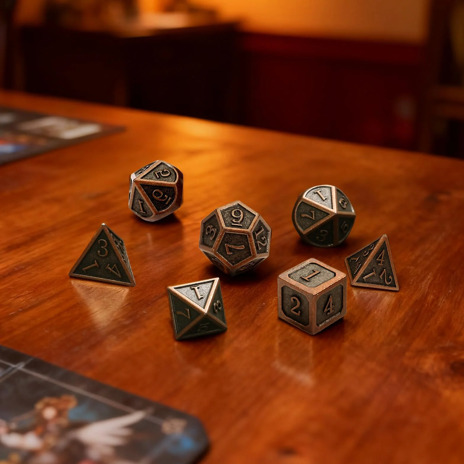 GWHOLE 7 sztuk wielościennych kostek metalowych, DND, zestaw kostek, kostka do gry, akcesoria do lochów i smoków, do RPG, MTG, odgrywania ról, antyczna miedź
