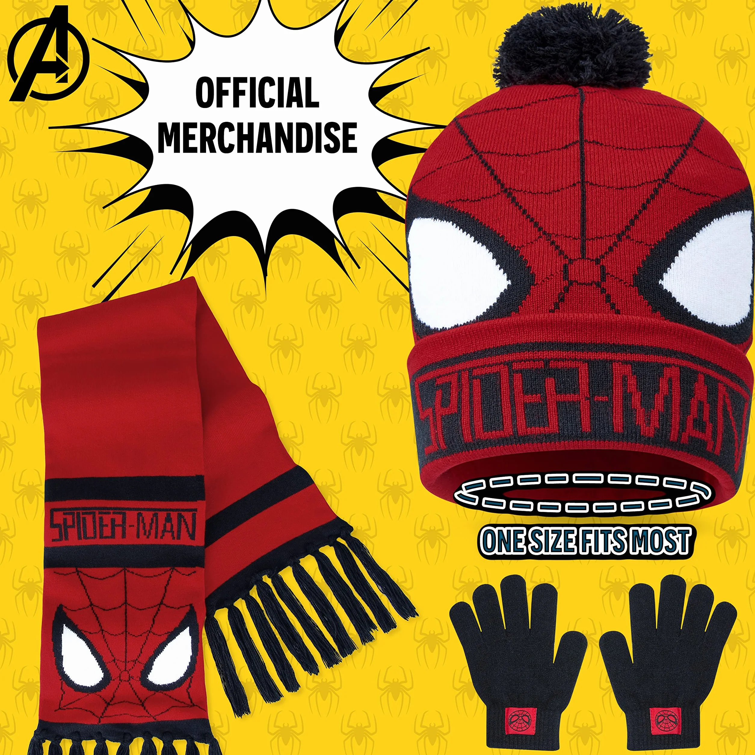 Marvel Beanie Zestaw Czapka, Szalik i Rękawiczki dla Dzieci- Avengers 2 lub 3 Częściowy Zestaw Zimowy - Prezenty Spiderman dla Chłopców