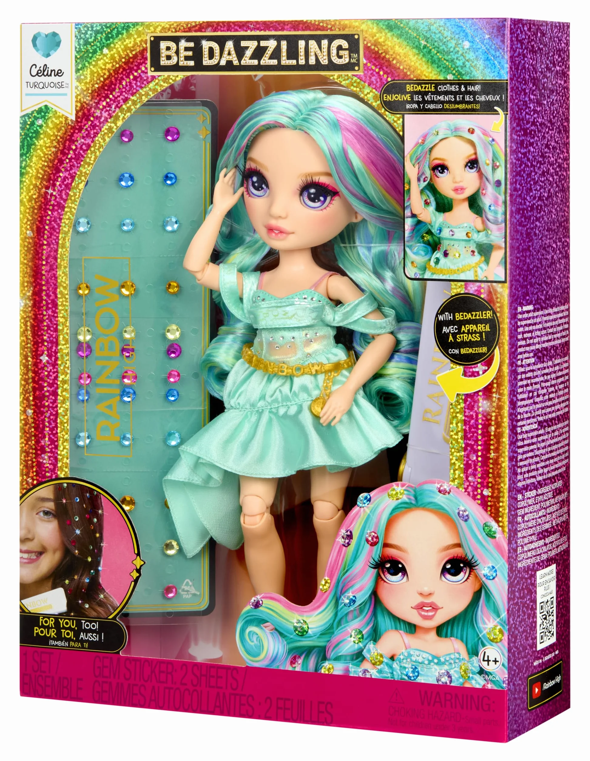 Rainbow High Be Dazzling - Celine Turquoise - 28 cm Turkusowa Modna Lalka z Narzędziem do Ozdabiania, Błyszczącymi Kryształkami i Akcesoriami do Stylizacji