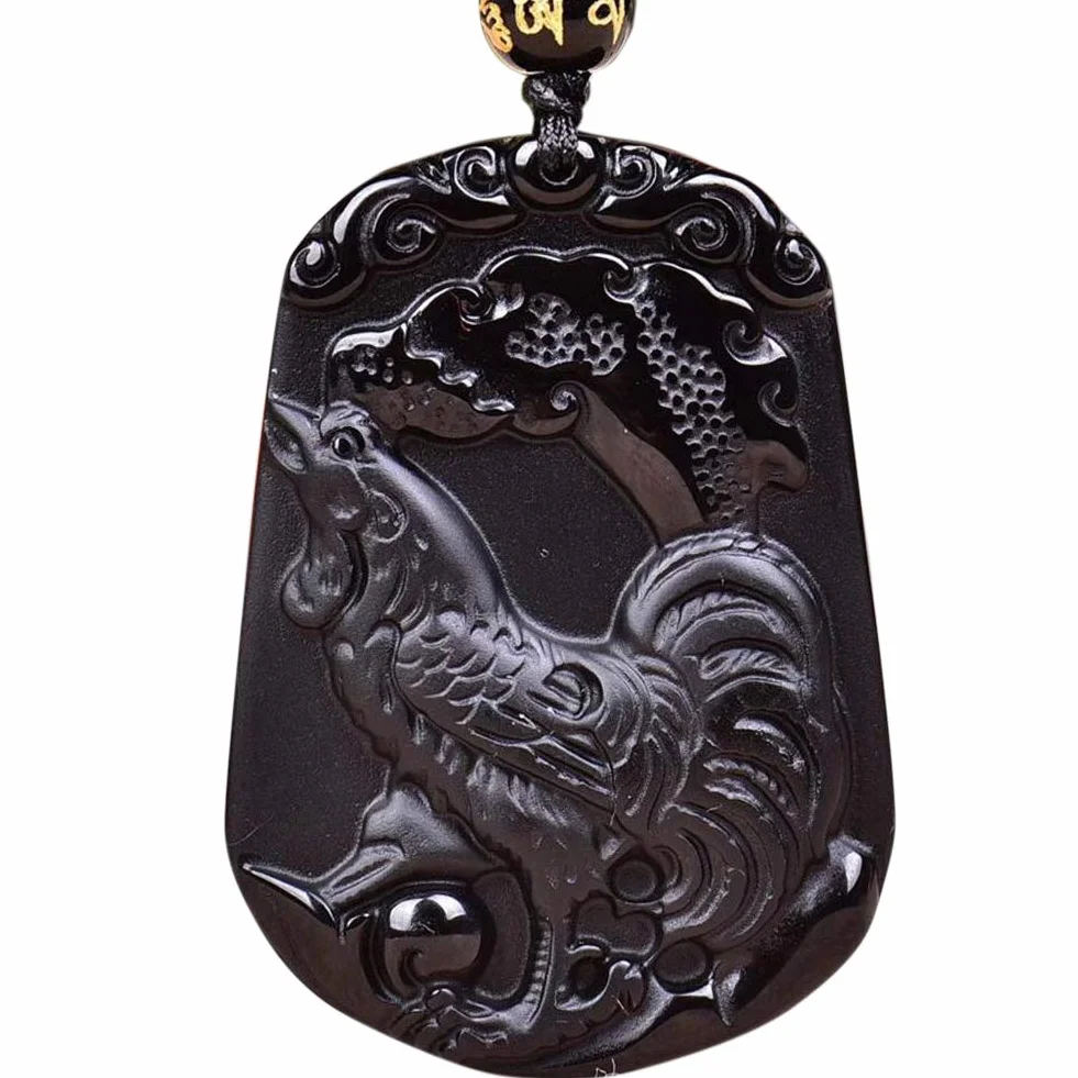 Feng Shui naturalny obsydianowy kamień szlachetny zodiak zodiak rzeźba amulet wisiorek naszyjnik W4015, Czarny obsydian, Kryształ