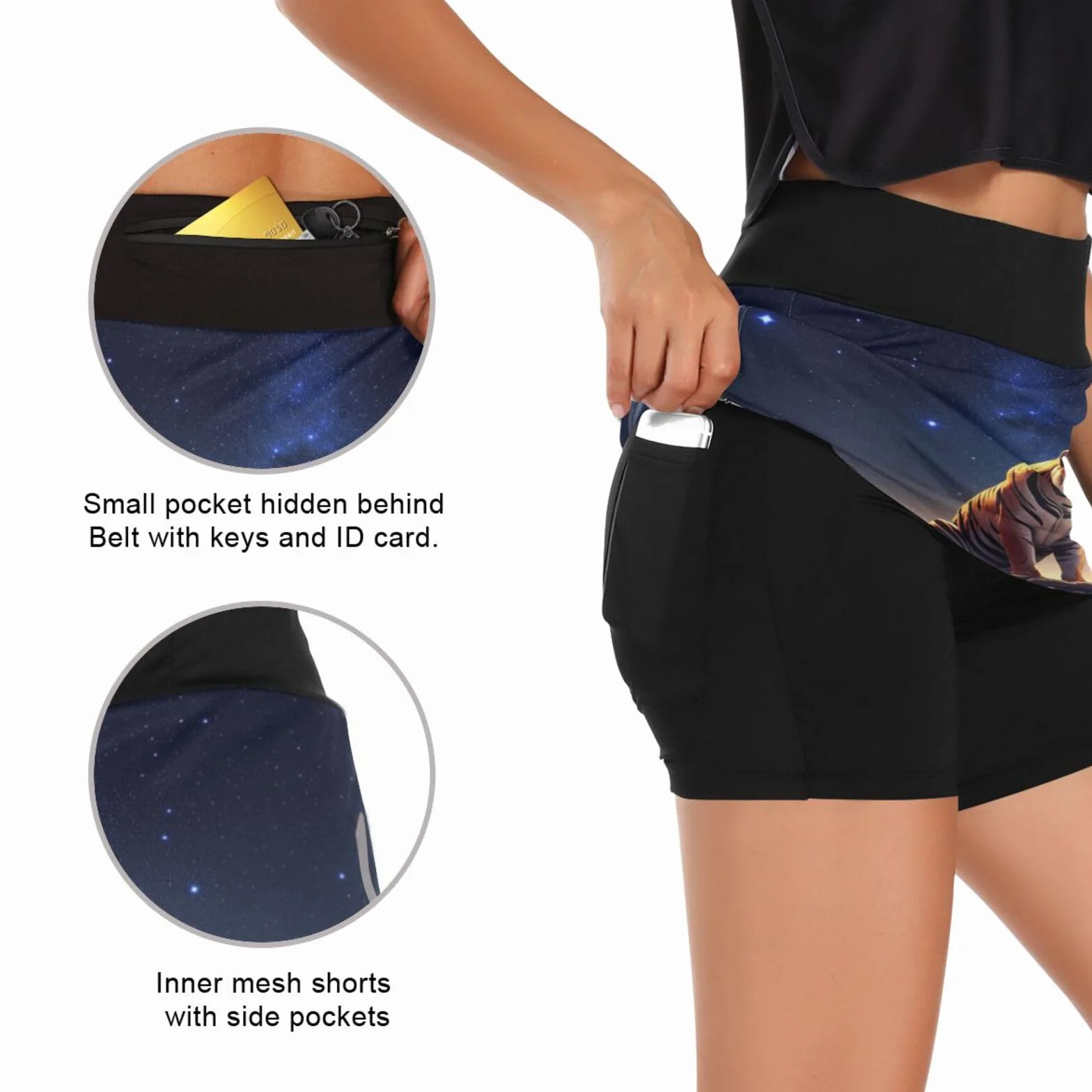 Tiger Night Sky Mini sportowa spódniczka z wysokim stanem z kieszenią, spódnice do ćwiczeń dla kobiet