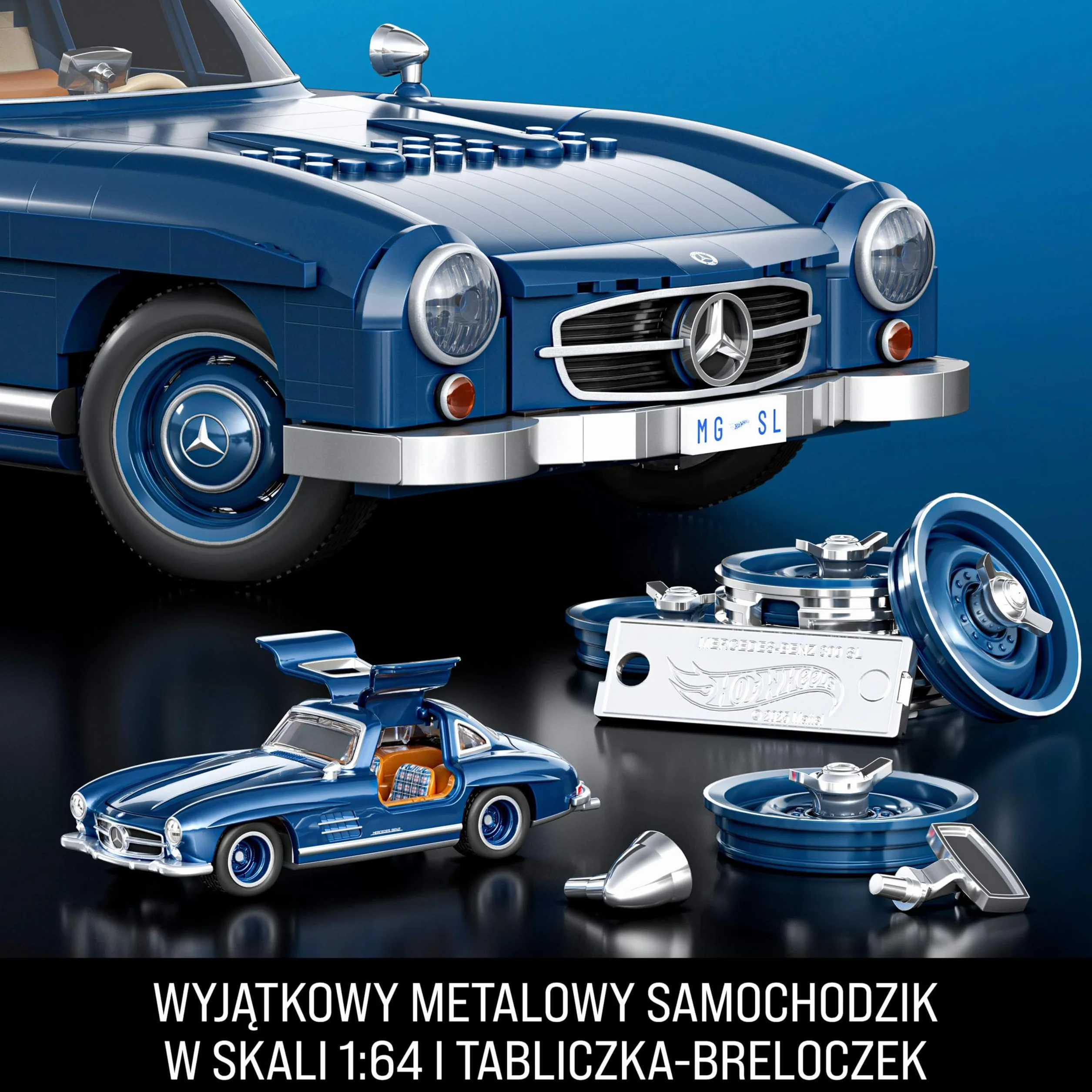 Hot Wheels Mercedes-Benz 300 SL Samochód kolekcjonerski do zbudowania z klocków w skali 1:12 (1600 elementów) i metalowy minimodel, kolekcjonerski zestaw prezentowy, HWW25