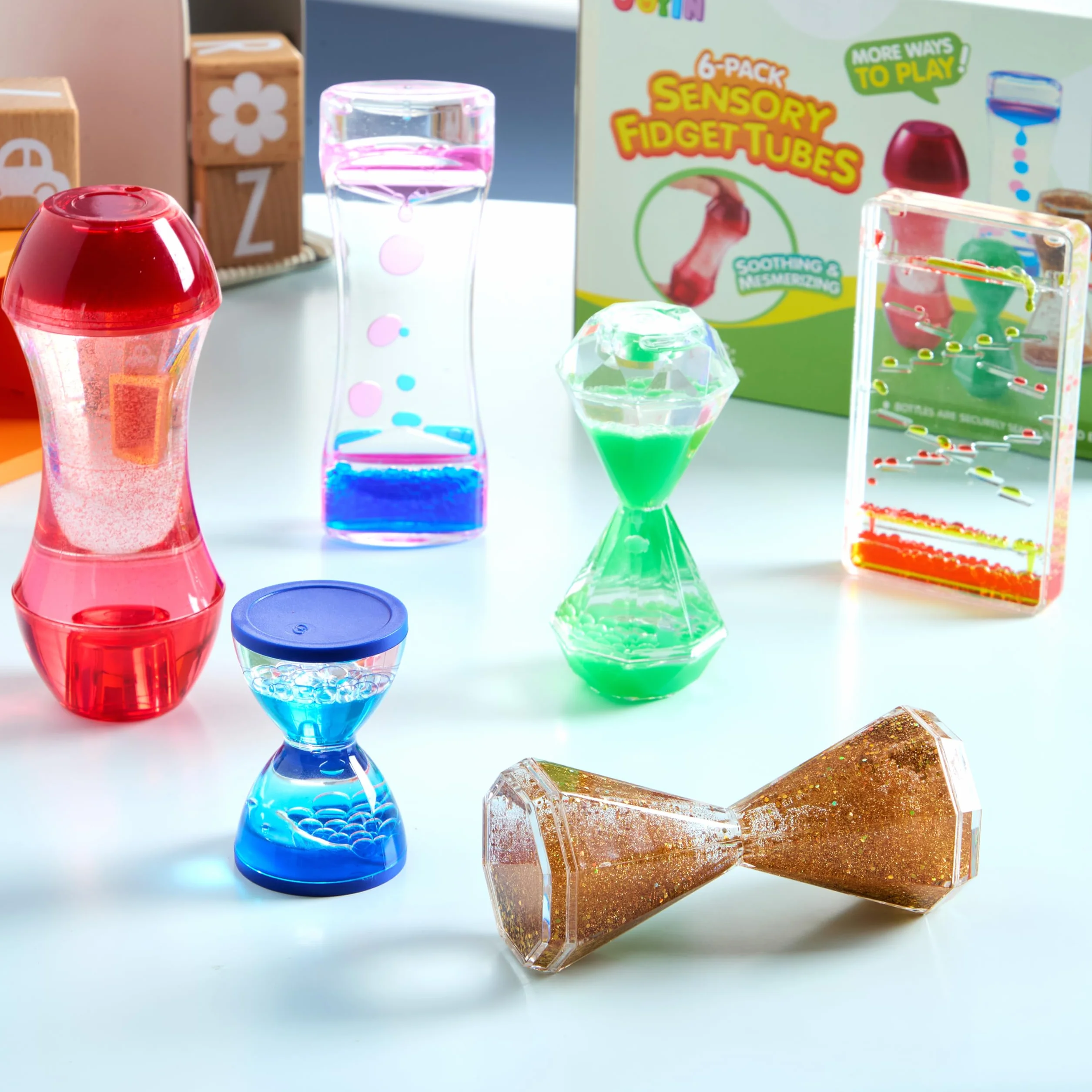 JOYIN 6 szt. sensoryczne zabawki Fidget Tubes dla dzieci z autyzmem, upominki na urodziny dzieci, kojące butelki sensoryczne z wodą przeciwko stresowi, cicha zabawka do klasycznego narożnika