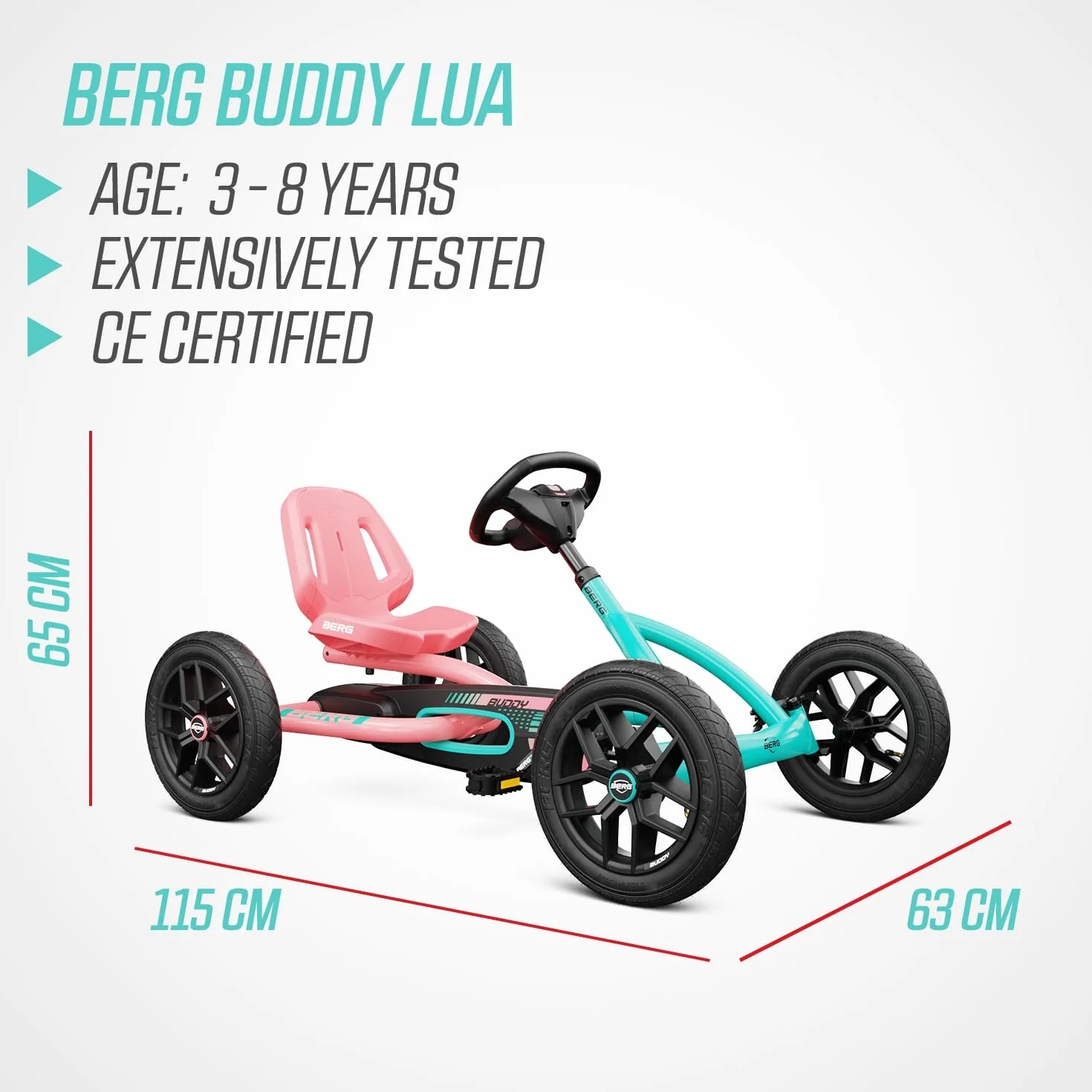BERG Samochód dziecięcy z pedałem Gokart Buddy Lua, z optymalnym zabezpieczeniem, opony pneumatyczne i wolnym biegiem, kolor różowy, zabawka dla dzieci w wieku 3-8 lat