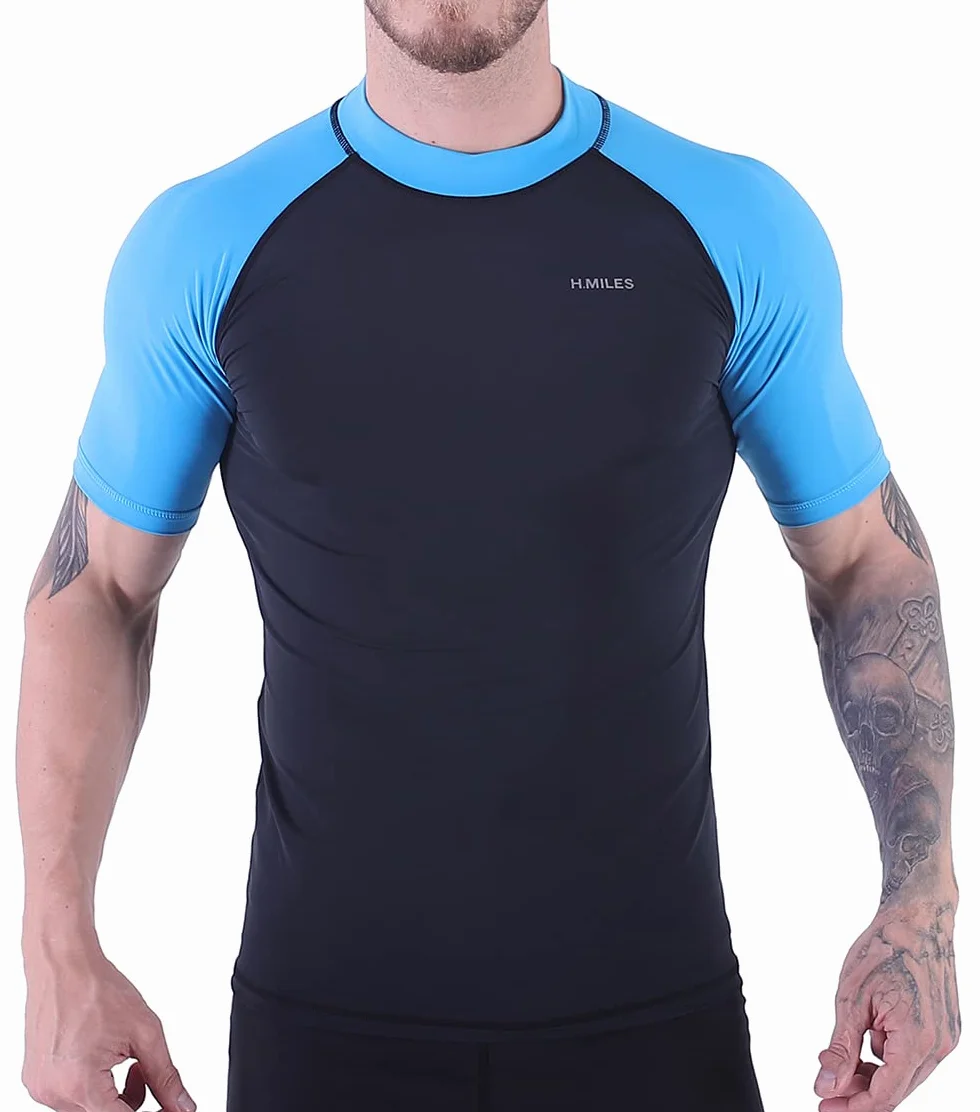 Koszulka męska Rashguard Rashguard z krótkim rękawem, czarna, do snorkelingu, pływania, surfowania, nurkowania, ochrona przed promieniowaniem UV, koszulka na plażę, z krótkim rękawem
