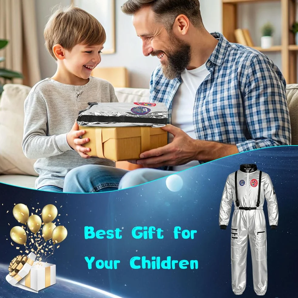 AUYAO Kostium dla dzieci unisex astronauta, dziecięcy srebrny kostium astronauta, kostium kosmiczny dla chłopców i dziewcząt na karnawał Halloween Boże Narodzenie Cosplay (3-12 lat)