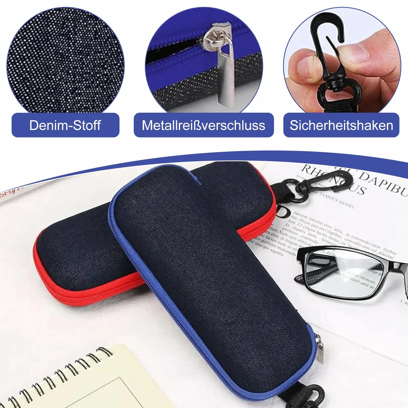 Etui na okulary, 4 sztuki, materiał dżinsowy, twarde etui na okulary przeciwsłoneczne, etui z karabińczykiem i 4 ściereczkami do czyszczenia, do okularów sportowych, rowerowych, do czytania