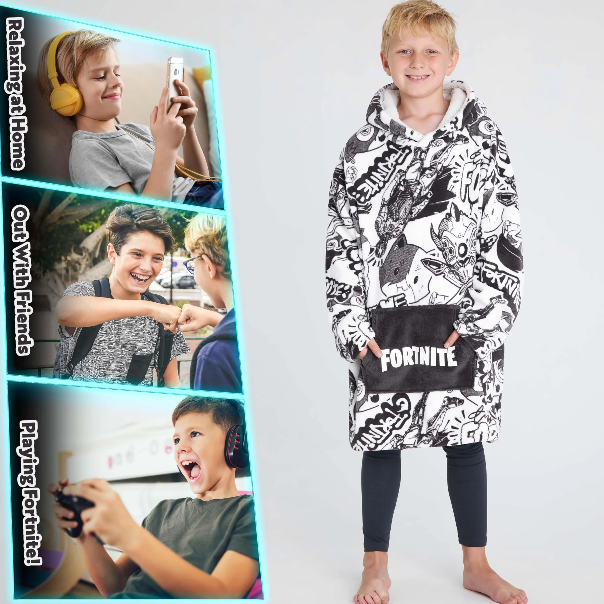 Bluza z kapturem dla dzieci Fortnite, bardzo duży rozmiar, miły koc z rękawami, ciepły polar, bluza dla graczy, przenośny koc z rękawami, szary, jeden rozmiar