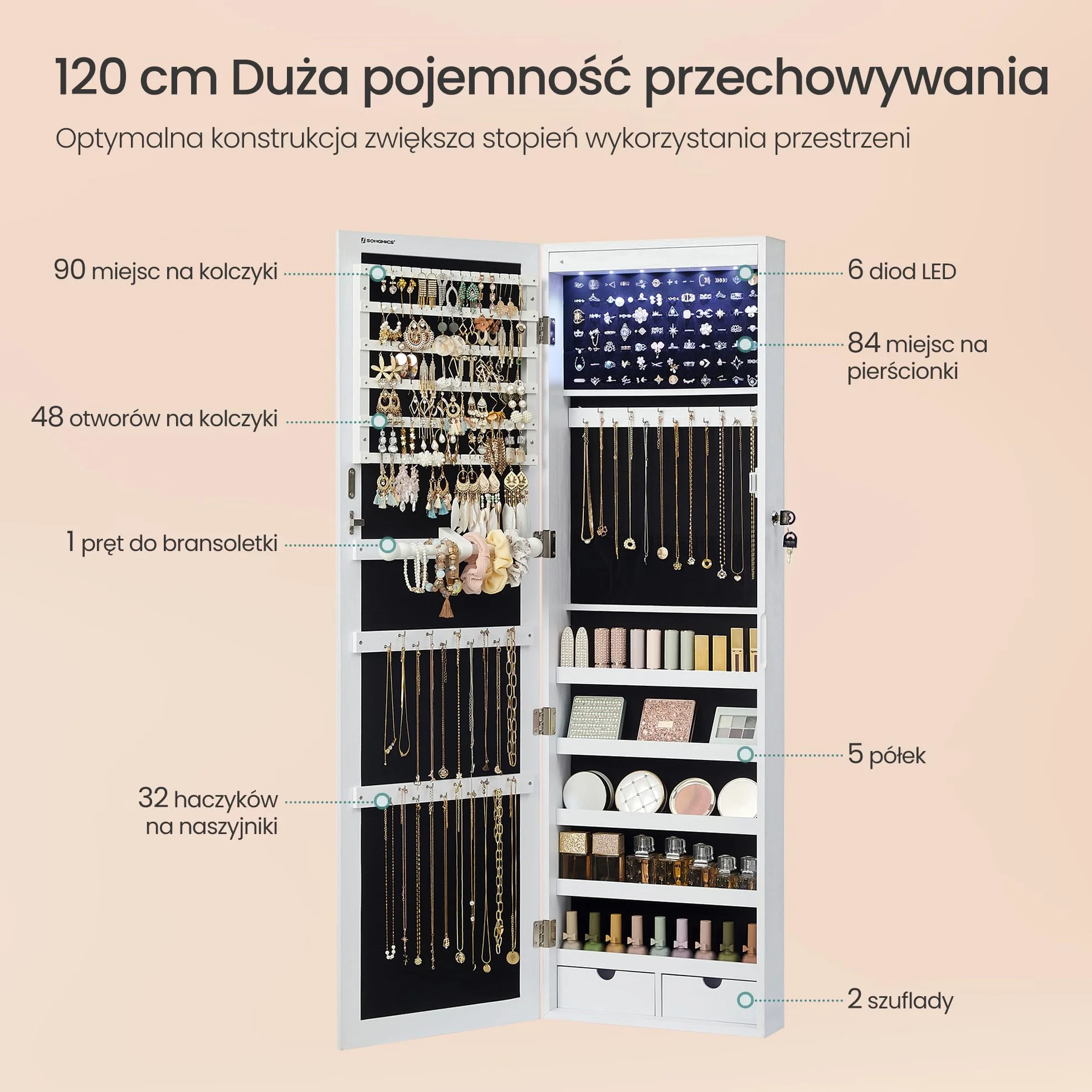 SONGMICS Szafka na biżuterię, wisząca szafka do przechowywania naszyjników, kolczyków, szafka na akcesoria, z lustrem, różne przegródki, zamykana, biała JBC93W