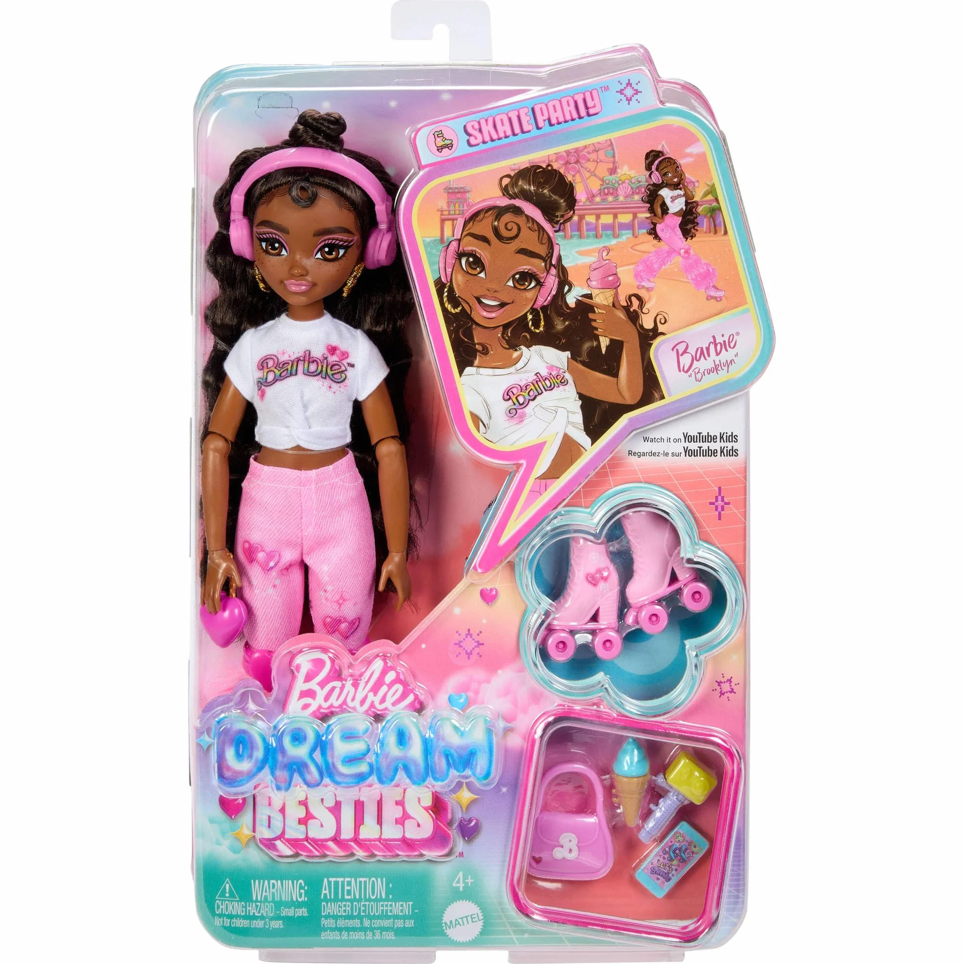 Barbie Dream Besties Lalka Brooklyn na wrotkach do ustawiania w różnych pozach, z ciemnobrązowymi włosami, wrotkami i akcesoriami z motywem muzyki, JFX97