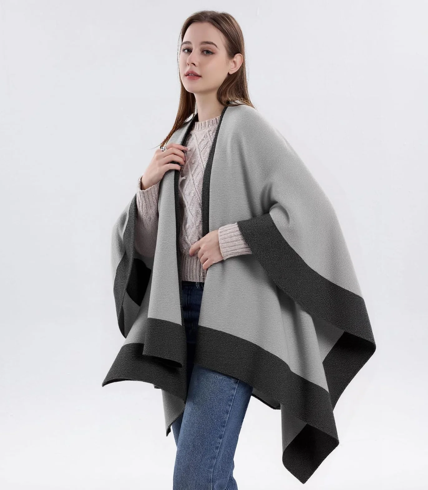 Damski szal z krzyżem z przodu, eleganckie dzianinowe ponczo dwustronne, oversize, dzianinowy koc, ciepły zimowy szalik kardigan na wieczór