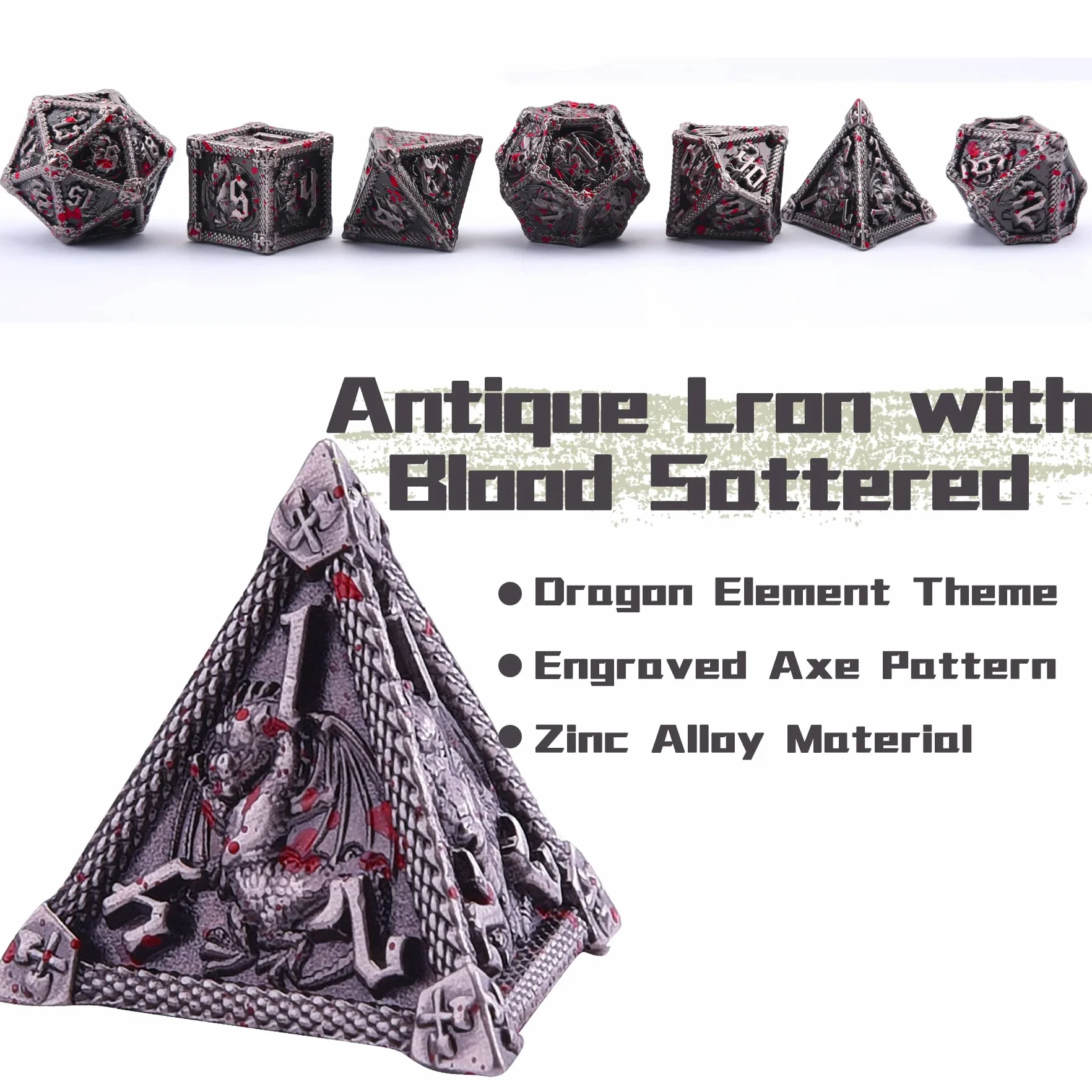 SIQUK 7-matrycowe metalowe kości do kości wielościennych DND z pudełkiem D20, D12, D10, D%, D8, D6, D4, zestaw do gry w lochy i smoki, RPG, MTG, gry planszowe (antyczne żelazo z rozpryskami krwi)