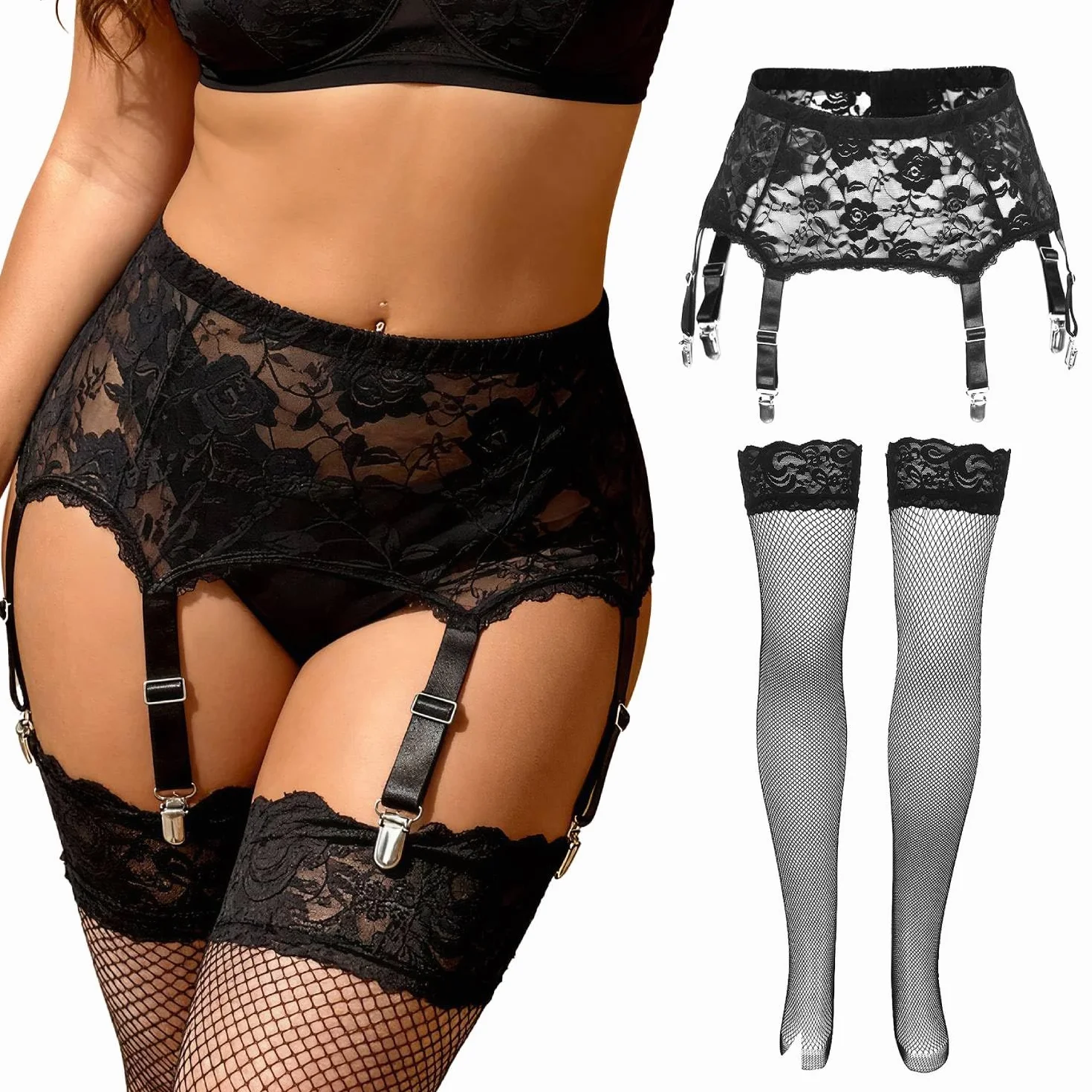 comeondear Seksowny koronkowy pas do pończoch z samozaciskowymi pończochami damska z 6 regulowanymi klipsami do pończoch zestaw do pończoch czarna bielizna plus size