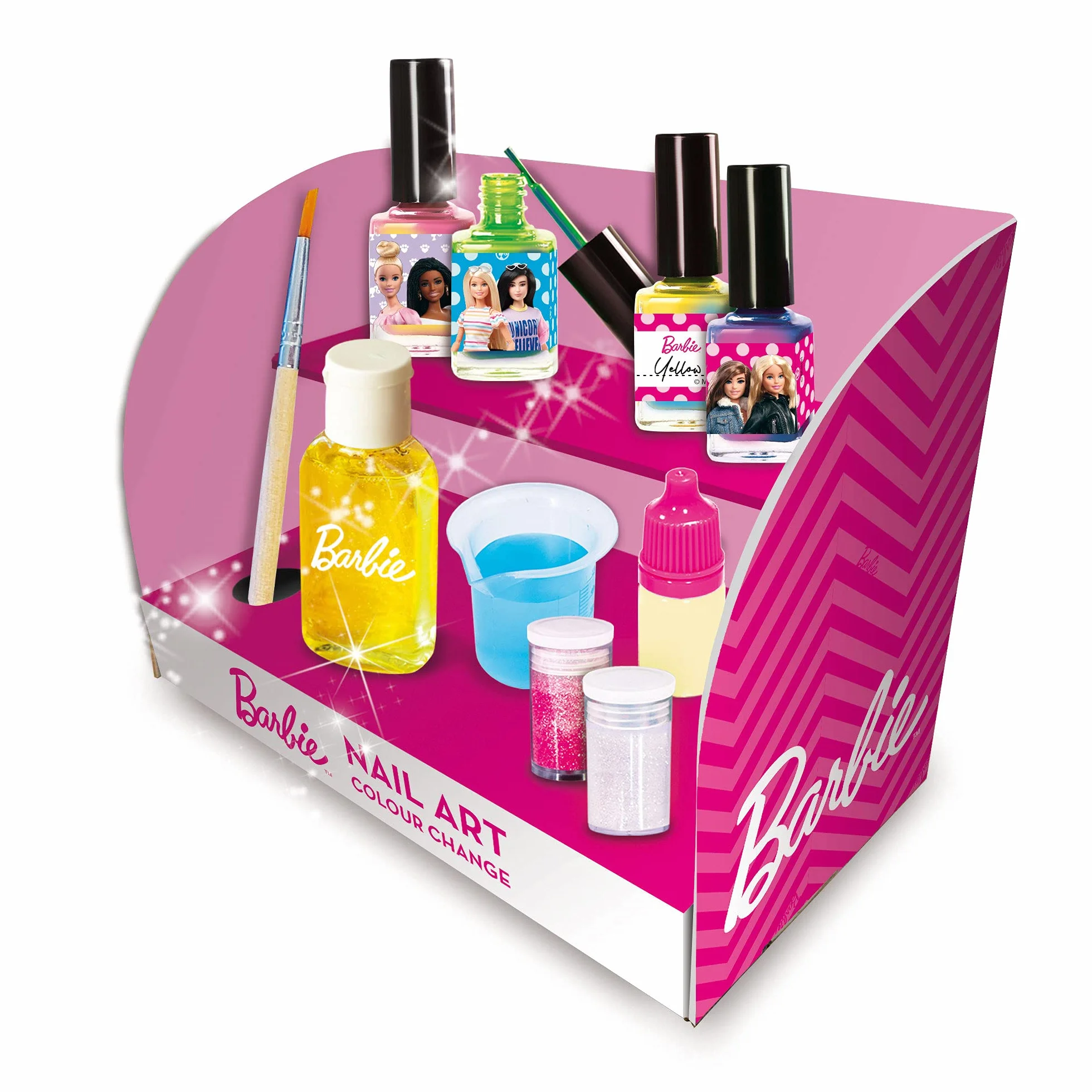 lisciani 97982 Barbie zmieniający kolor lakieru do paznokci do samodzielnego wykonania, zmienia kolor w przypadku kontaktu z wodą, zawiera 1 podstawę, pigmenty, brokat, akcesoria i naklejkę,