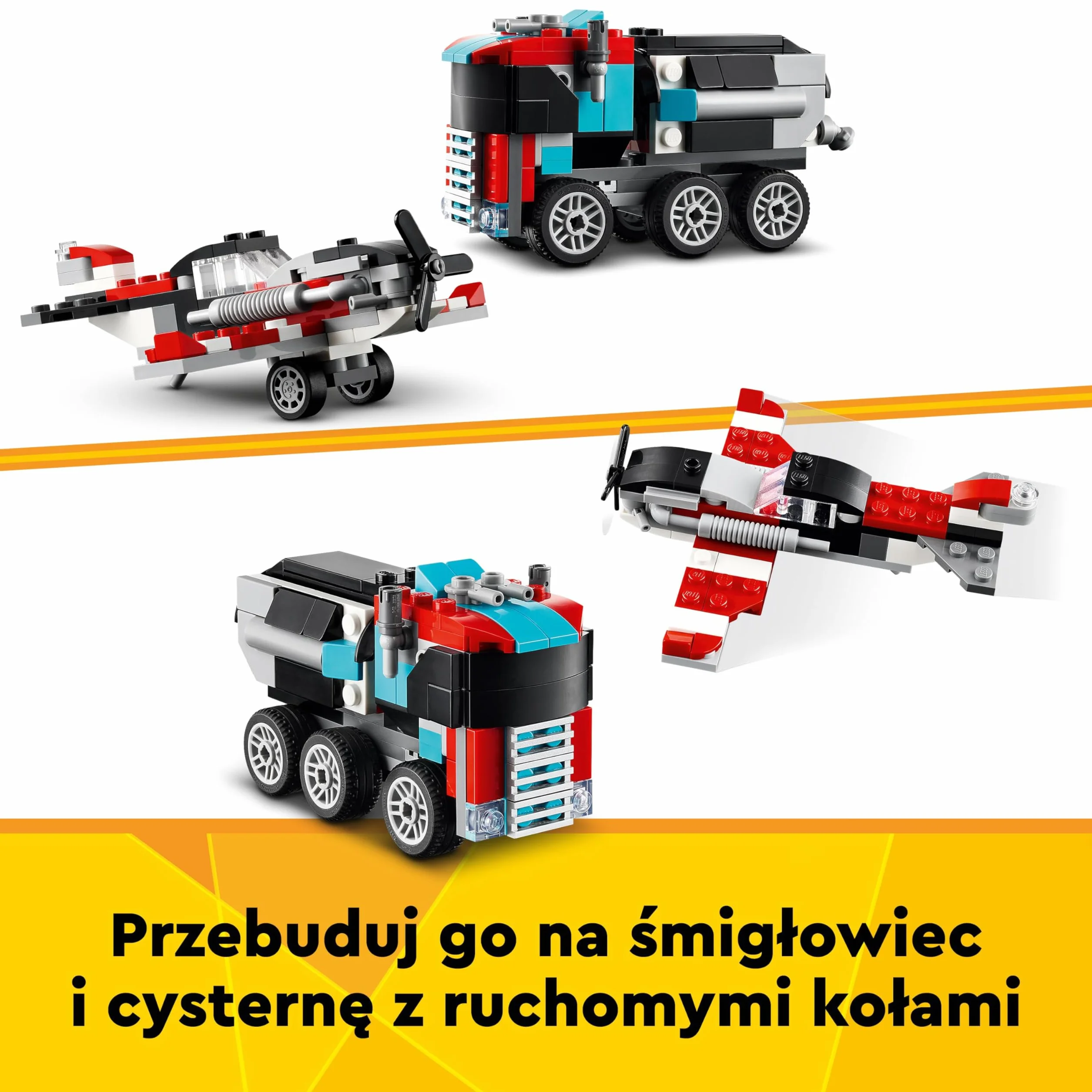 LEGO Creator 3w1 Ciężarówka z platformą i helikopterem do przebudowania na śmigłowiec i cysternę oraz w hot roda i SUV-a, zabawka i prezent dla dzieci, dla 7-latka, chłopca i dziewczynki, 31146