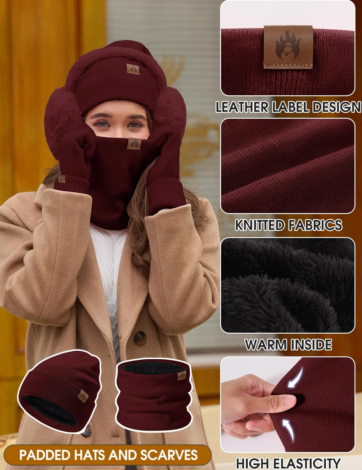 Zestaw dzianinowych czapek i szalików, 5 szt., zimowe ciepłe zestawy, czapka beanie z podszewką polarową, rękawiczki do ekranów dotykowych, pluszowe ocieplacze na uszy, ocieplacze na szyję