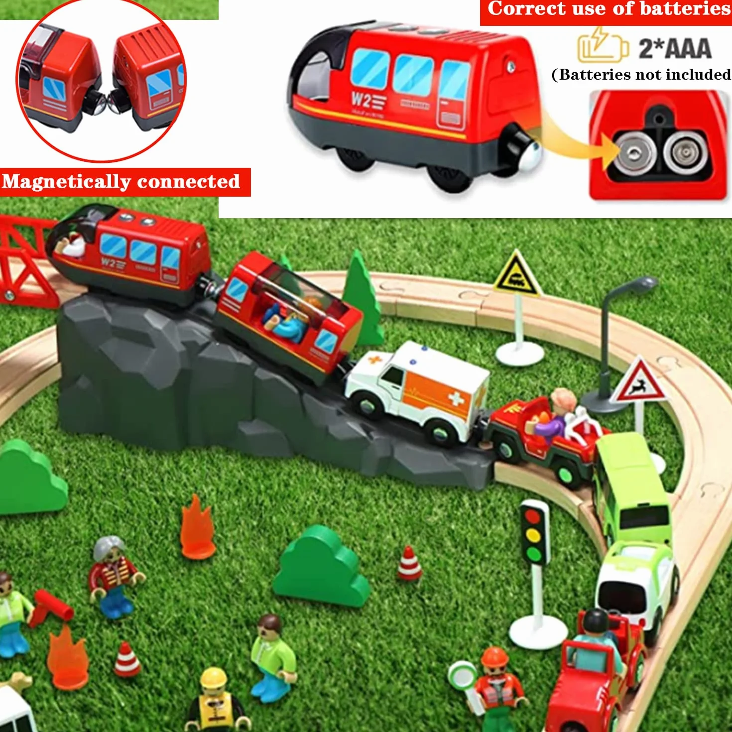 LiRiQi Pociąg lokomotyw na baterie, drewniany pociąg elektryczny zestaw zabawek, kompatybilny z Thomasem, Brio, zabawki dla małych dzieci, chłopców, czerwony