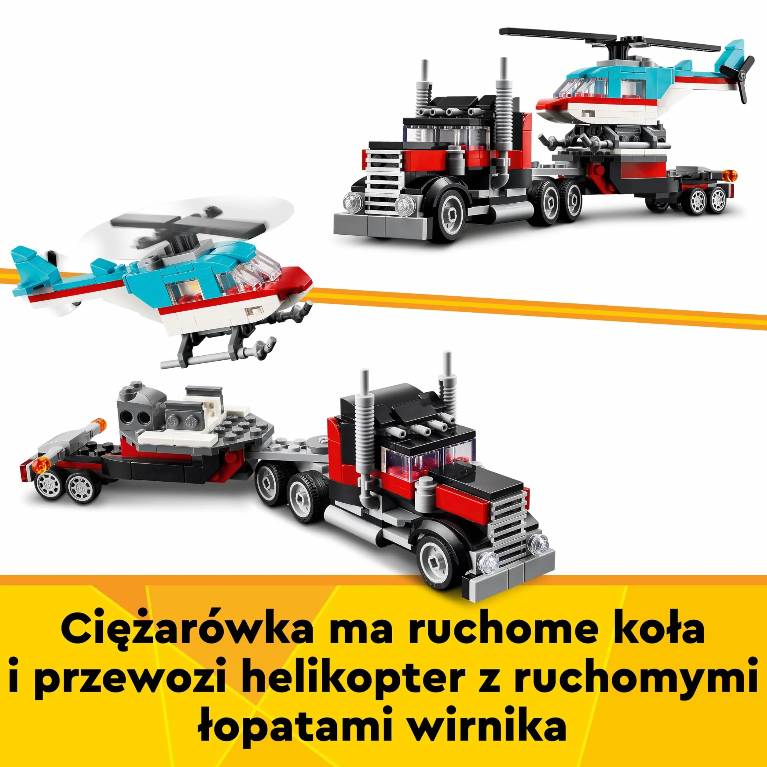 LEGO Creator 3w1 Ciężarówka z platformą i helikopterem do przebudowania na śmigłowiec i cysternę oraz w hot roda i SUV-a, zabawka i prezent dla dzieci, dla 7-latka, chłopca i dziewczynki, 31146