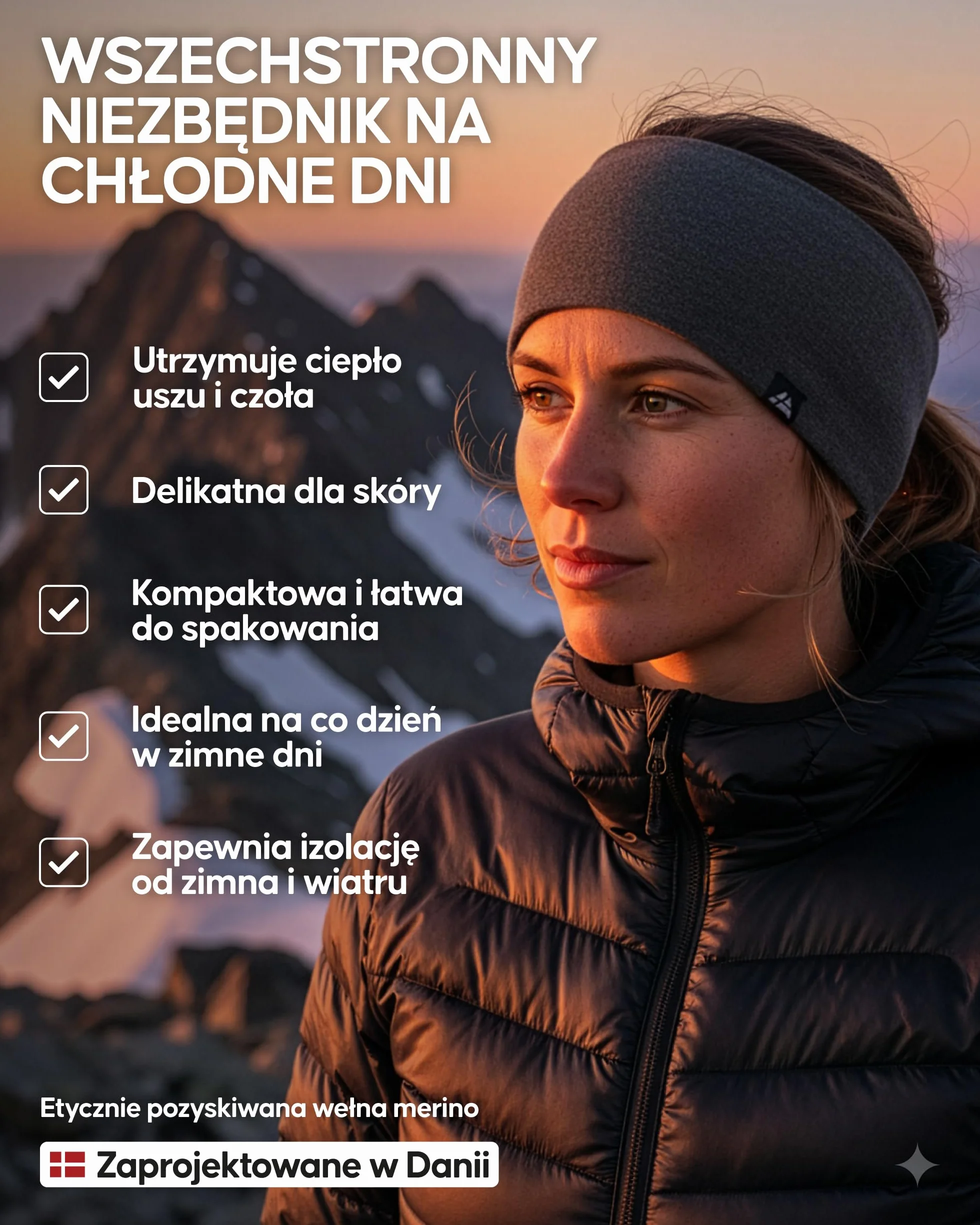 DANISH ENDURANCE Opaska na Głowę z Wełny Merino, z Podszewką z Termicznego Polaru, Unisex, Czarny, L/XL