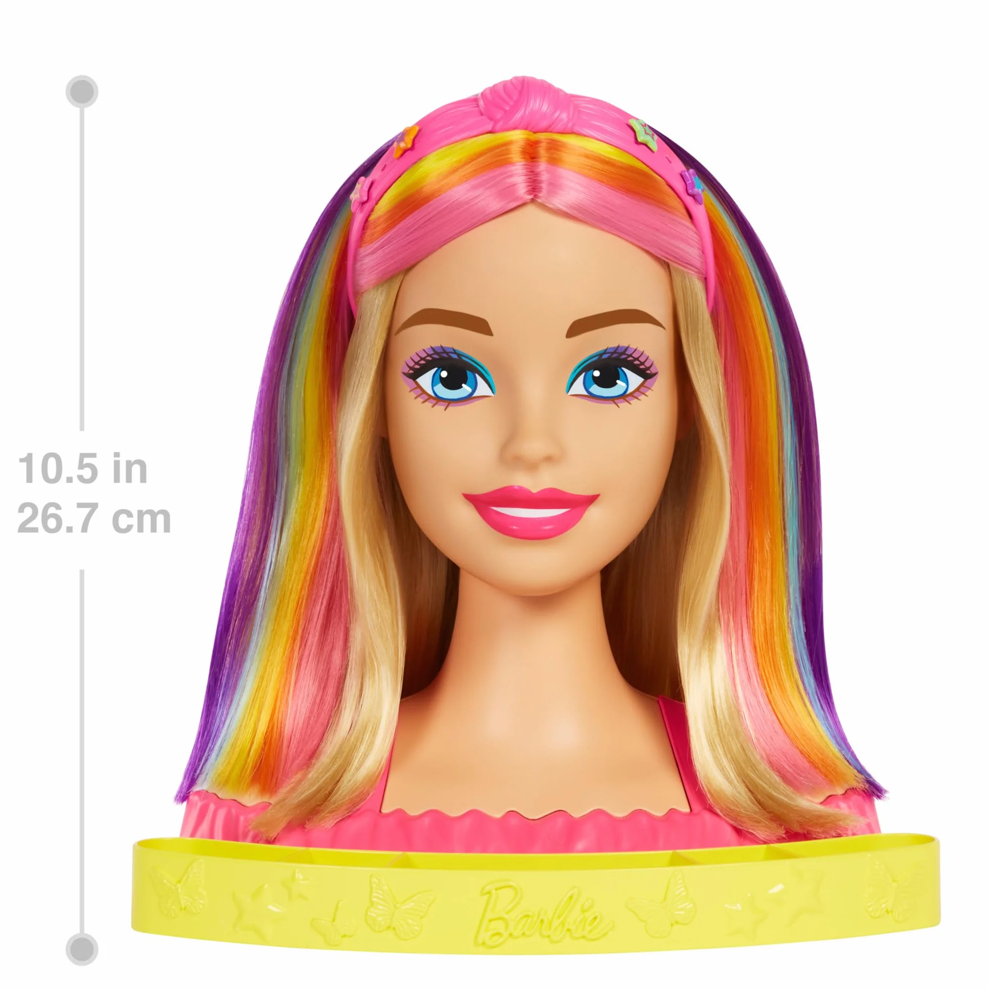 Barbie Totally Hair Głowa do stylizacji deluxe z prostymi blond i neonowo-tęczowymi włosami + akcesoria Color Reveal, HMD78