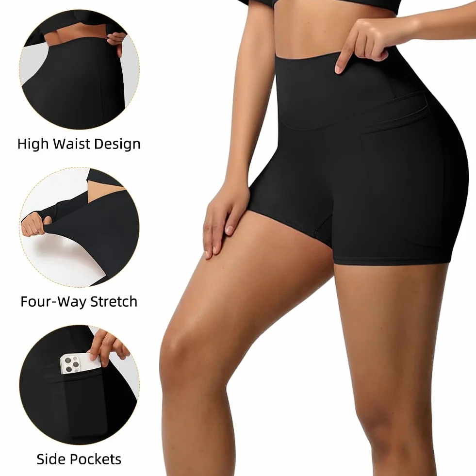 Damskie spodenki sportowe, krótkie legginsy damskie z wysokim stanem, z 2 kieszeniami bocznymi, nieprzezroczyste legginsy push up legginsy do biegania z wysokim stanem do jogi fitness bieganie
